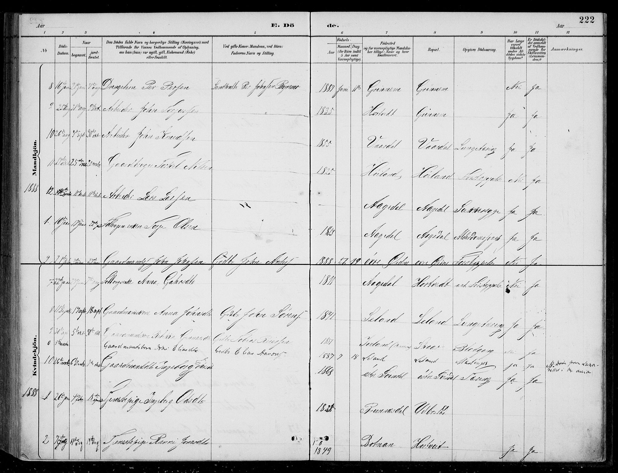 Bjelland sokneprestkontor, AV/SAK-1111-0005/F/Fb/Fbc/L0003: Parish register (copy) no. B 3, 1887-1924, p. 222