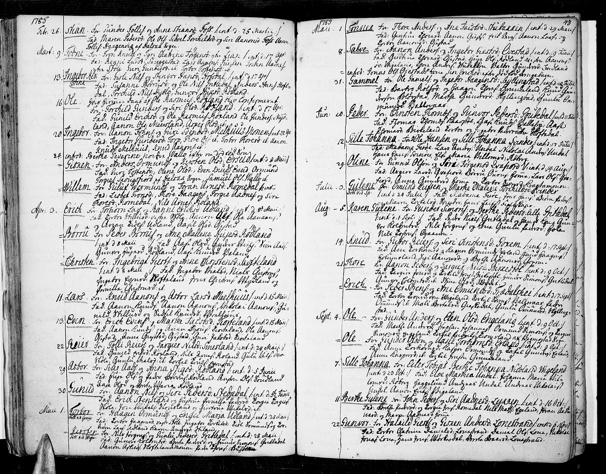 Sør-Audnedal sokneprestkontor, AV/SAK-1111-0039/F/Fa/Fab/L0002: Parish register (official) no. A 2 /1, 1766-1815, p. 43