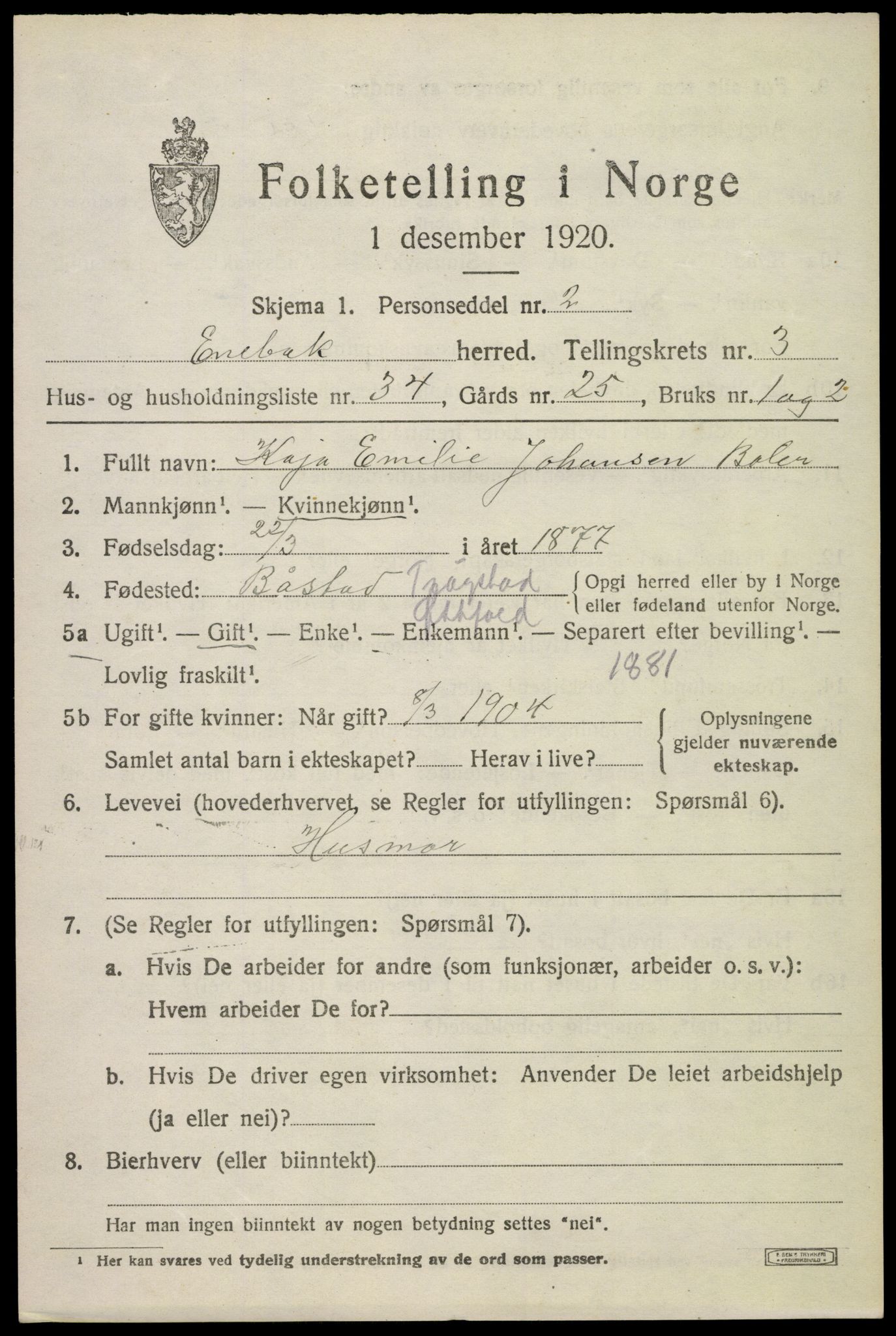 SAO, 1920 census for Enebakk, 1920, p. 3123