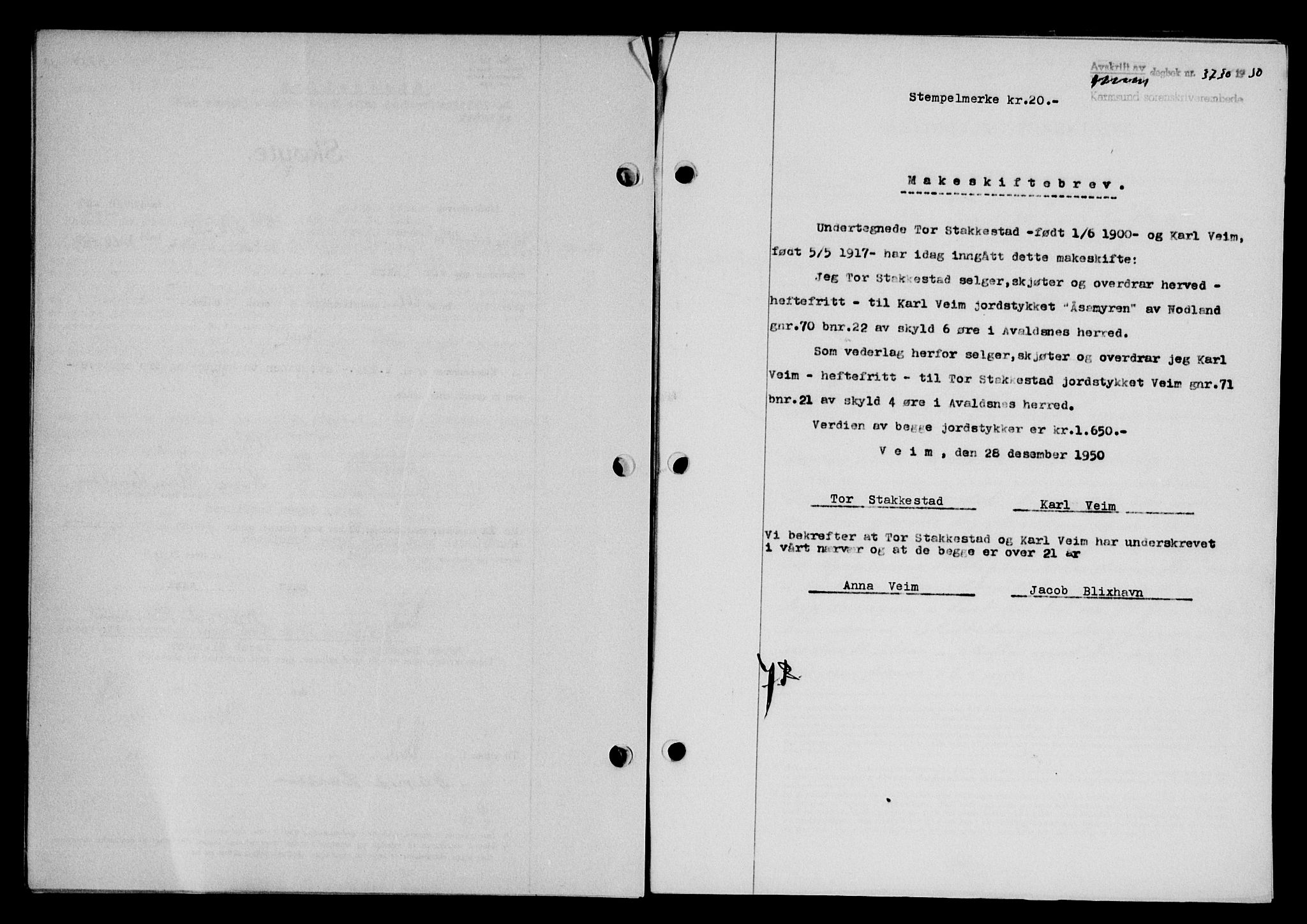 Karmsund sorenskriveri, SAST/A-100311/01/II/IIB/L0101: Mortgage book no. 81A, 1950-1951, Diary no: : 3730/1950
