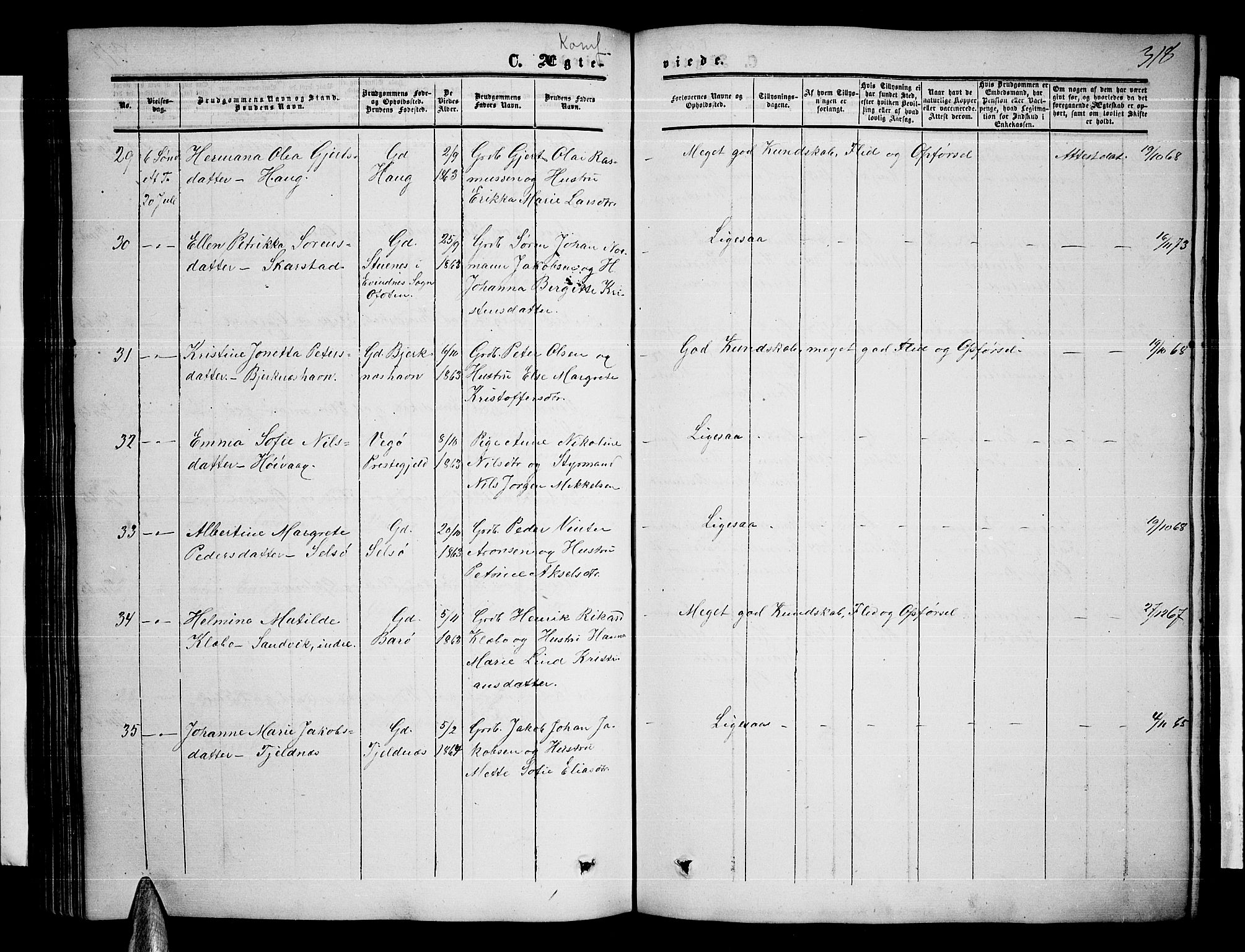 Ministerialprotokoller, klokkerbøker og fødselsregistre - Nordland, AV/SAT-A-1459/872/L1046: Parish register (copy) no. 872C02, 1852-1879, p. 318