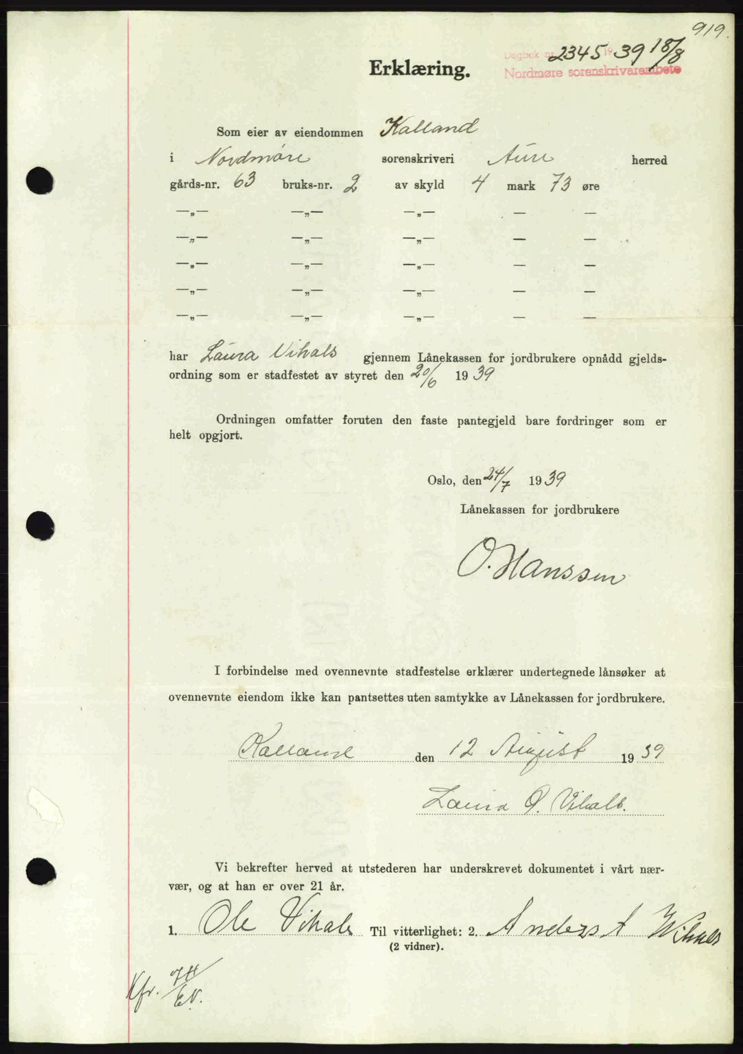 Nordmøre sorenskriveri, AV/SAT-A-4132/1/2/2Ca: Mortgage book no. B85, 1939-1939, Diary no: : 2345/1939