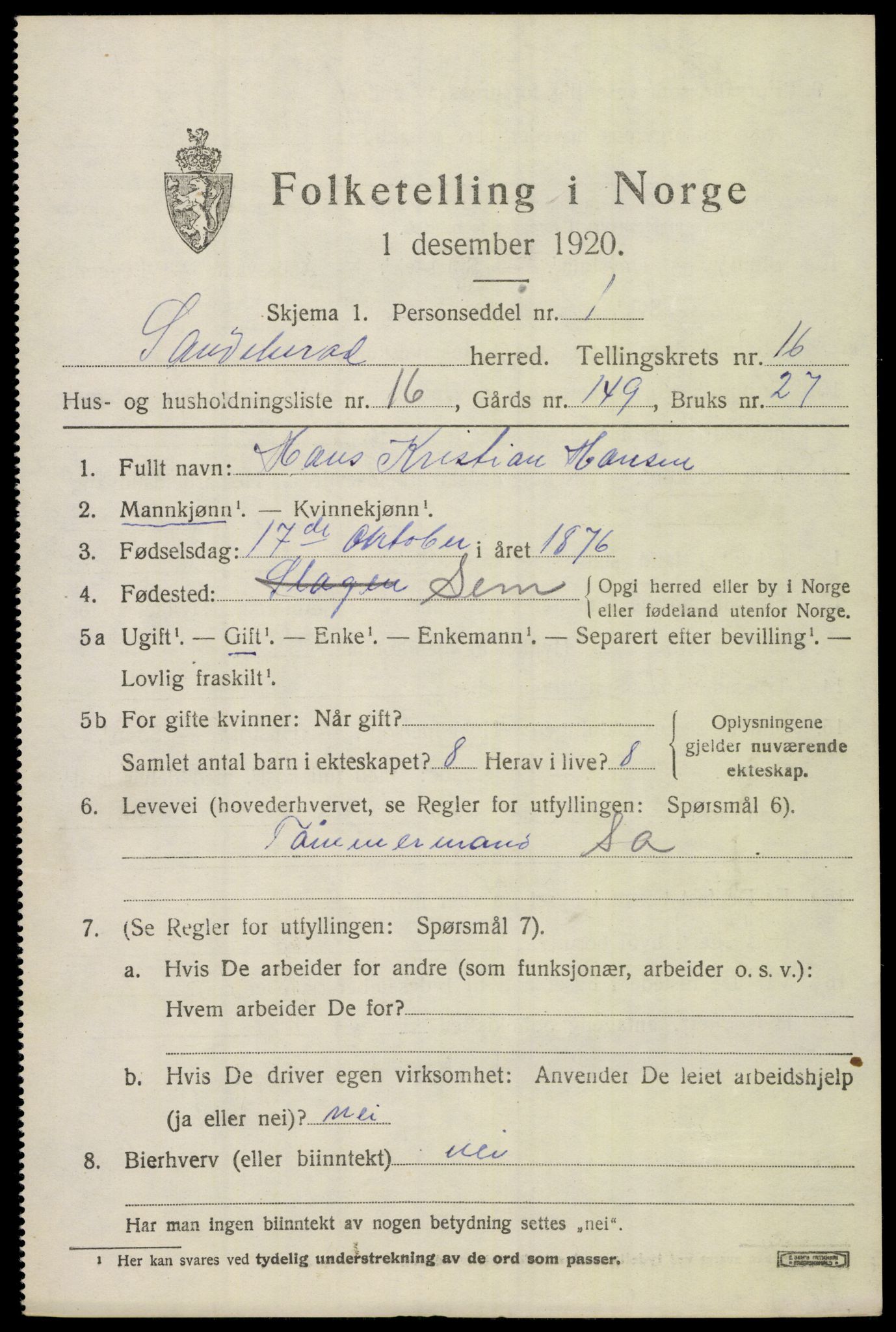 SAKO, 1920 census for Sandeherred, 1920, p. 24982