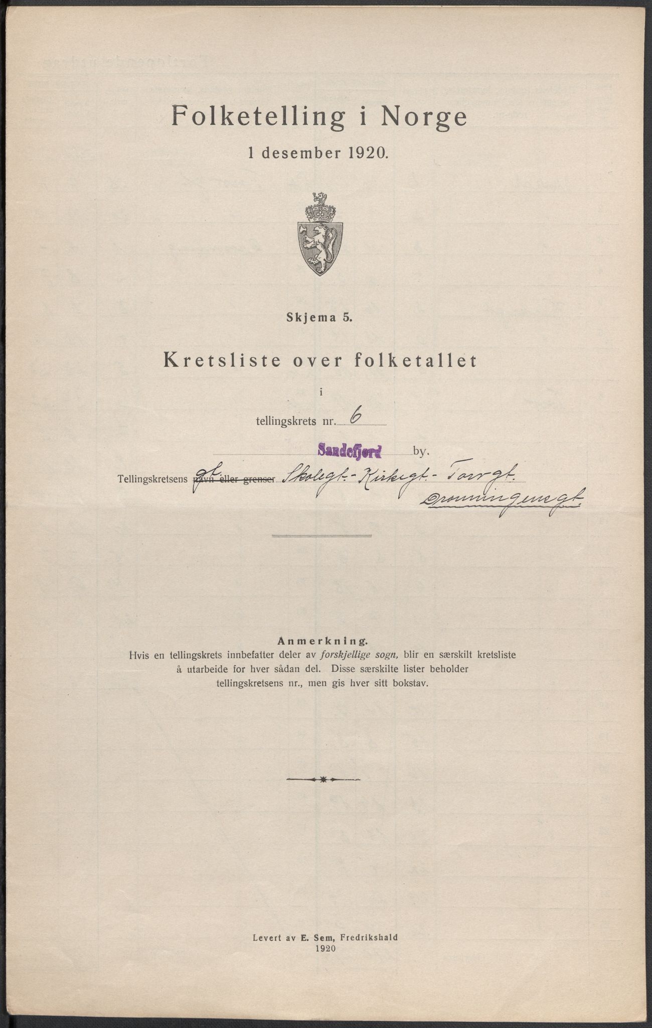 SAKO, 1920 census for Sandefjord, 1920, p. 20