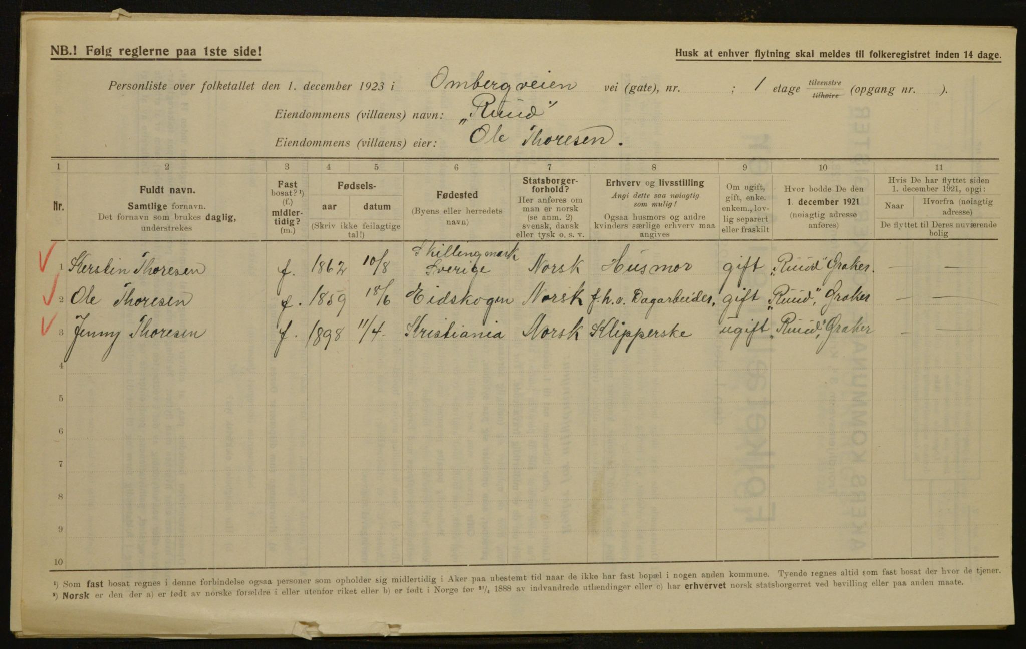 , Municipal Census 1923 for Aker, 1923, p. 1717