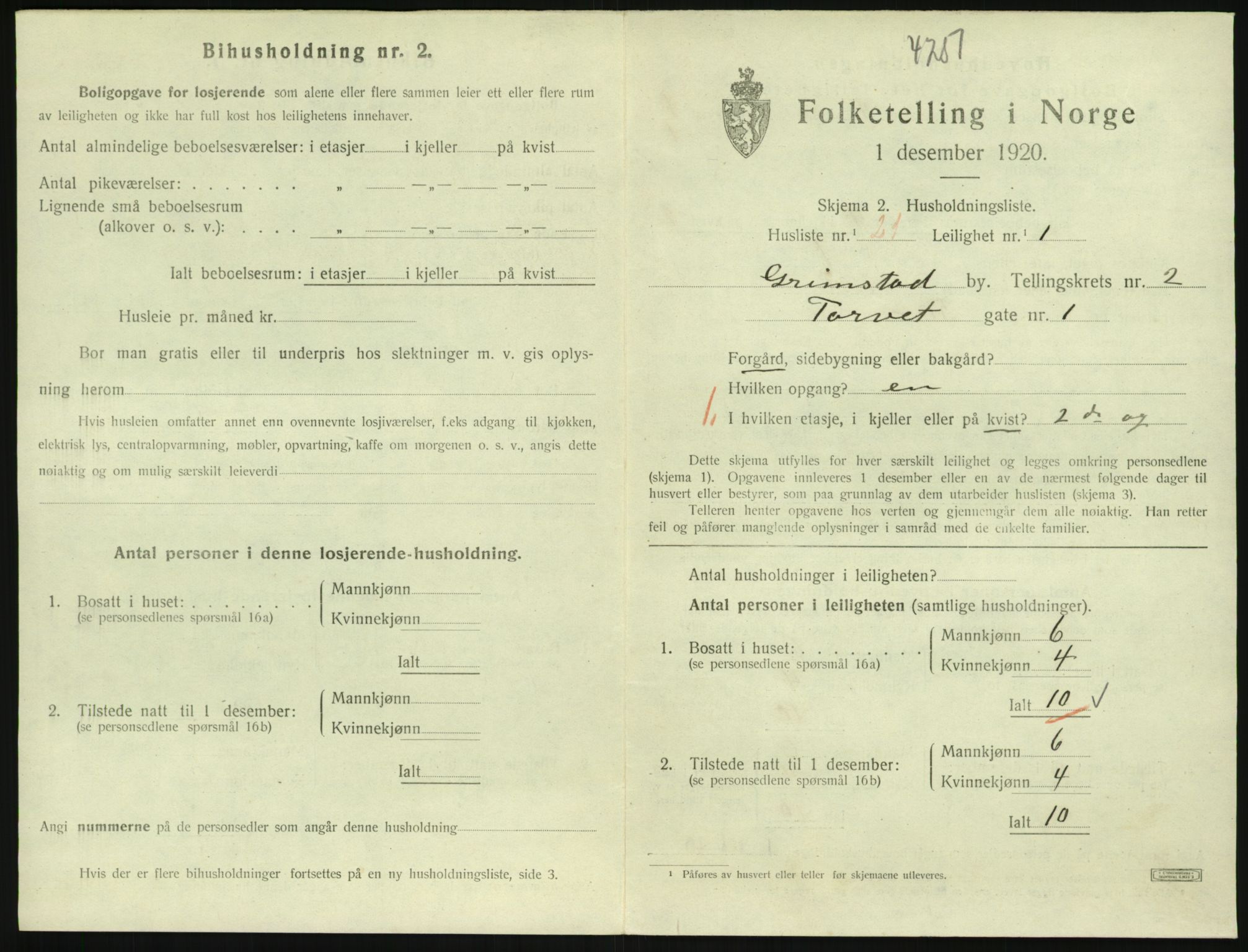 SAK, 1920 census for Grimstad, 1920, p. 1329