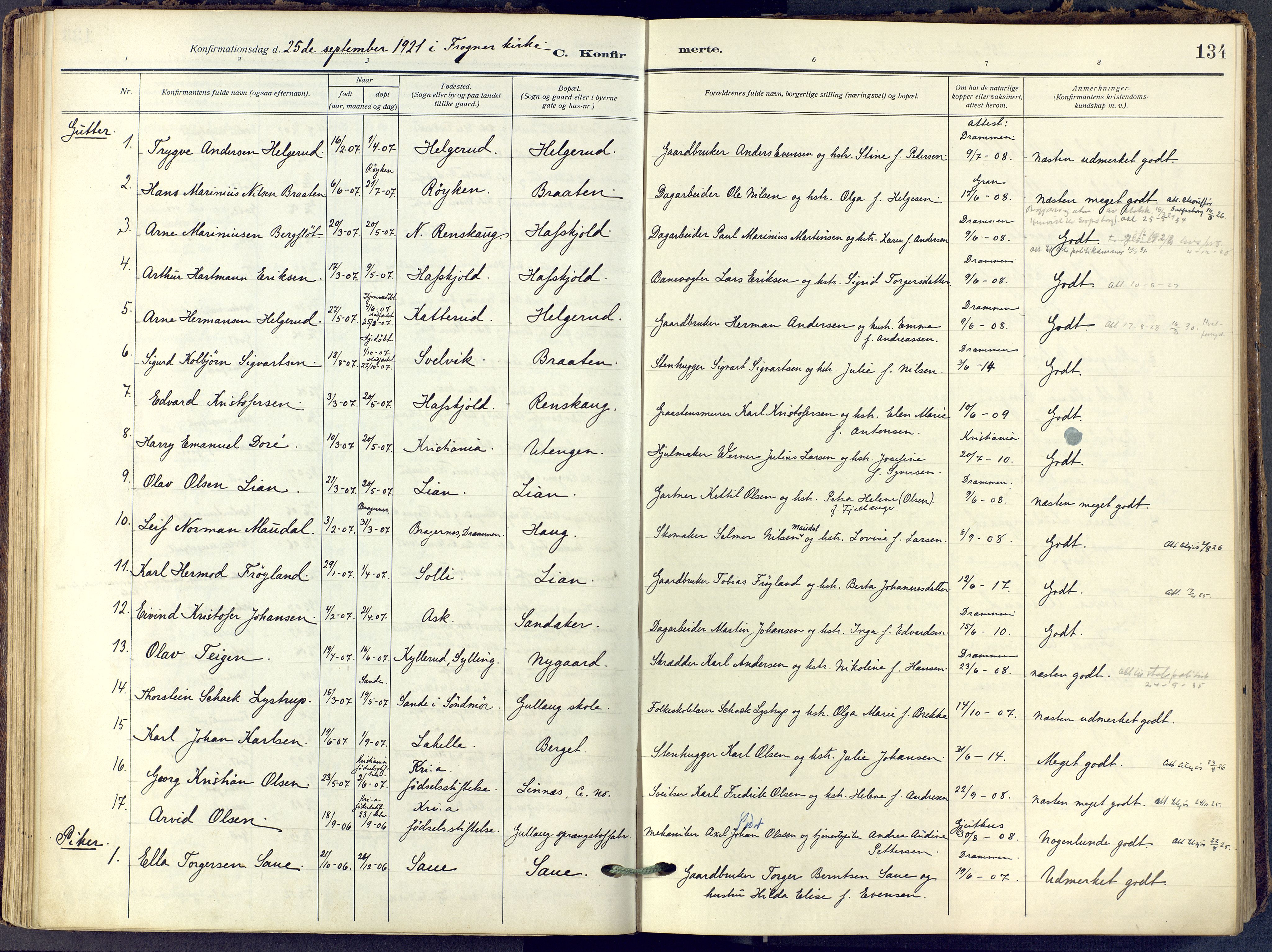 Lier kirkebøker, SAKO/A-230/F/Fa/L0019: Parish register (official) no. I 19, 1918-1928, p. 134