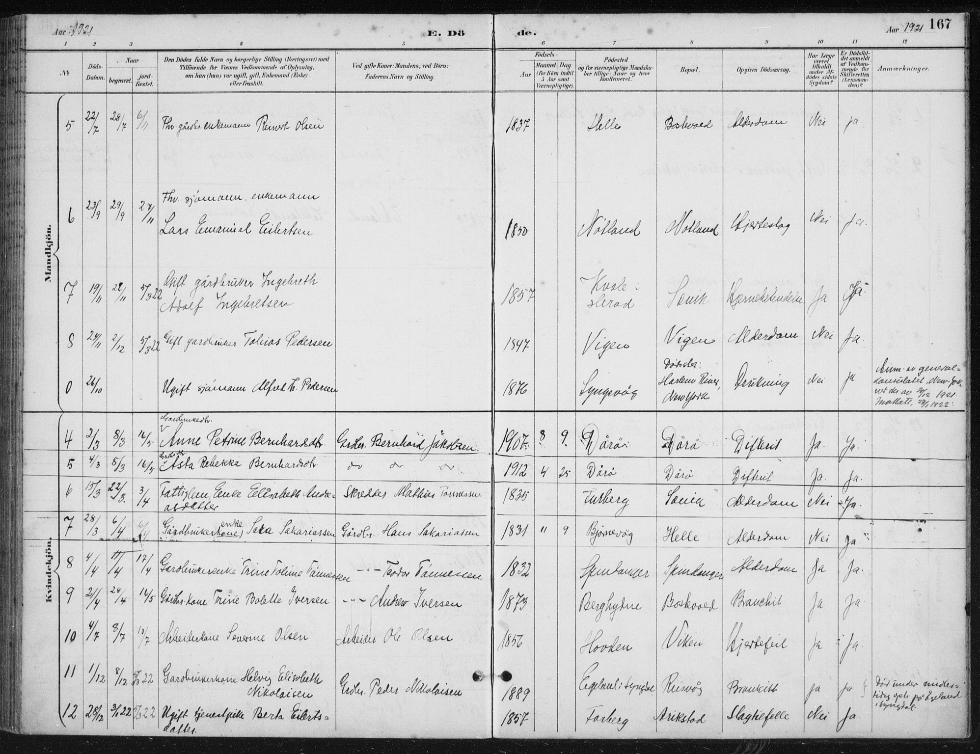 Herad sokneprestkontor, SAK/1111-0018/F/Fb/Fbb/L0004: Parish register (copy) no. B 4, 1890-1935, p. 167