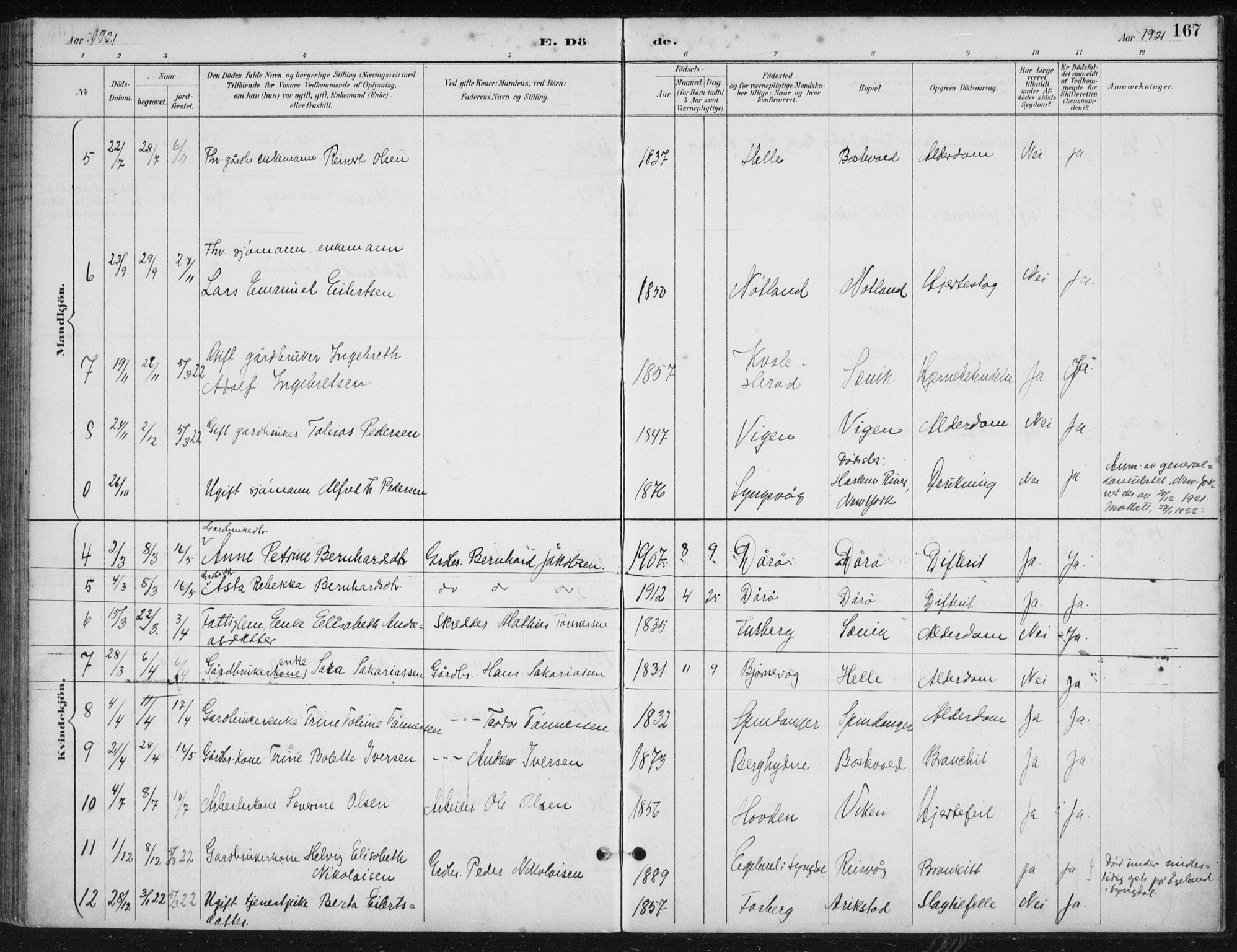 Herad sokneprestkontor, AV/SAK-1111-0018/F/Fb/Fbb/L0004: Parish register (copy) no. B 4, 1890-1935, p. 167