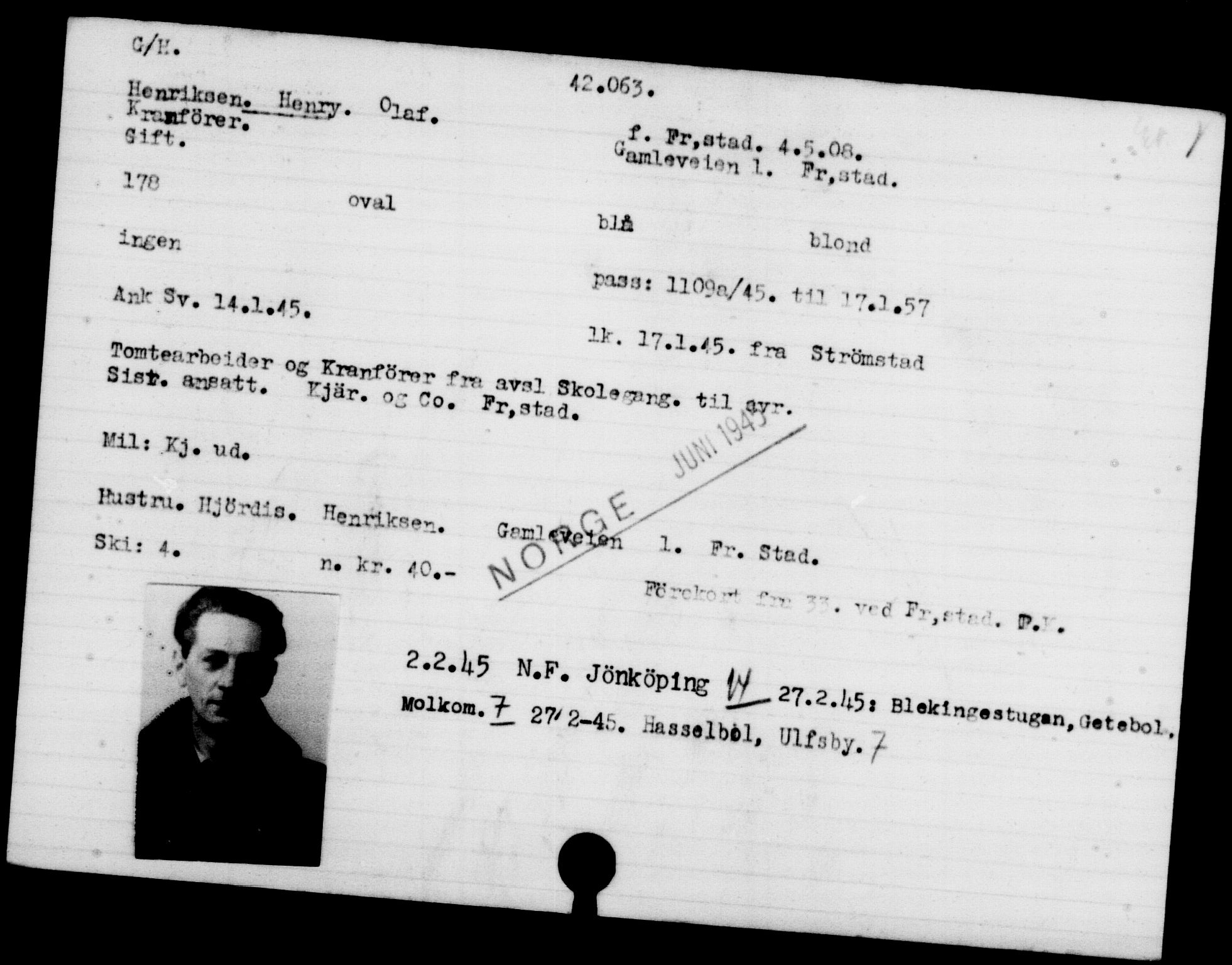 Utenriksstasjonene, Legasjonen i Stockholm, Flyktningkontoret, AV/RA-S-6753/V/Va/L0016: Kjesäterkartoteket, flyktninger med registreringsnr. 40700-43479, 1940-1945, p. 1424