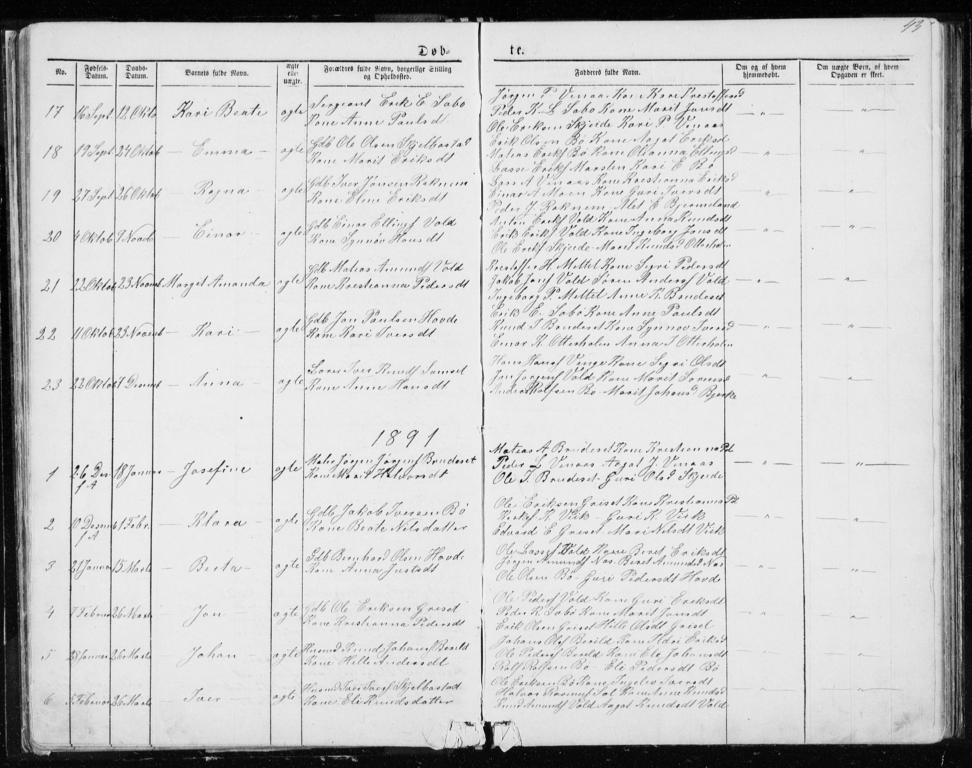 Ministerialprotokoller, klokkerbøker og fødselsregistre - Møre og Romsdal, SAT/A-1454/543/L0564: Parish register (copy) no. 543C02, 1867-1915, p. 43
