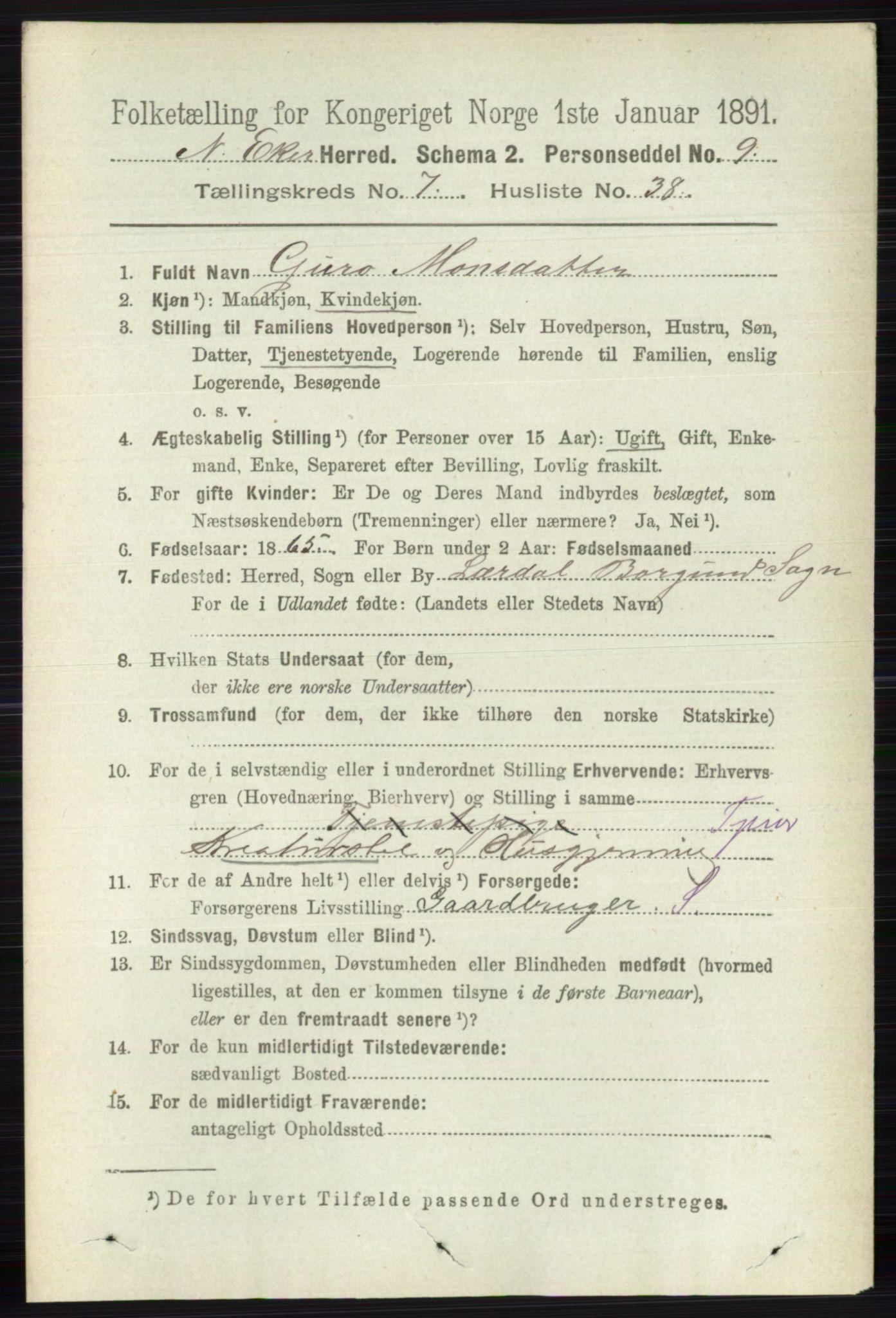 RA, 1891 census for 0625 Nedre Eiker, 1891, p. 3634