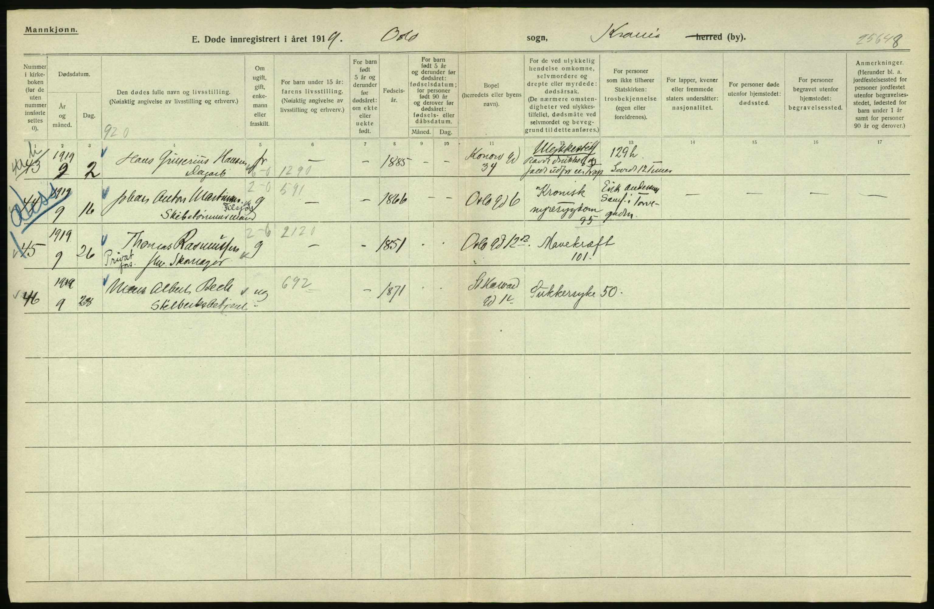 Statistisk sentralbyrå, Sosiodemografiske emner, Befolkning, RA/S-2228/D/Df/Dfb/Dfbi/L0010: Kristiania: Døde, 1919, p. 404