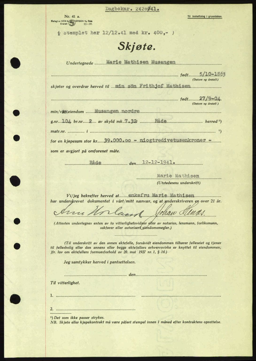 Moss sorenskriveri, SAO/A-10168: Mortgage book no. A9, 1941-1942, Diary no: : 2420/1941