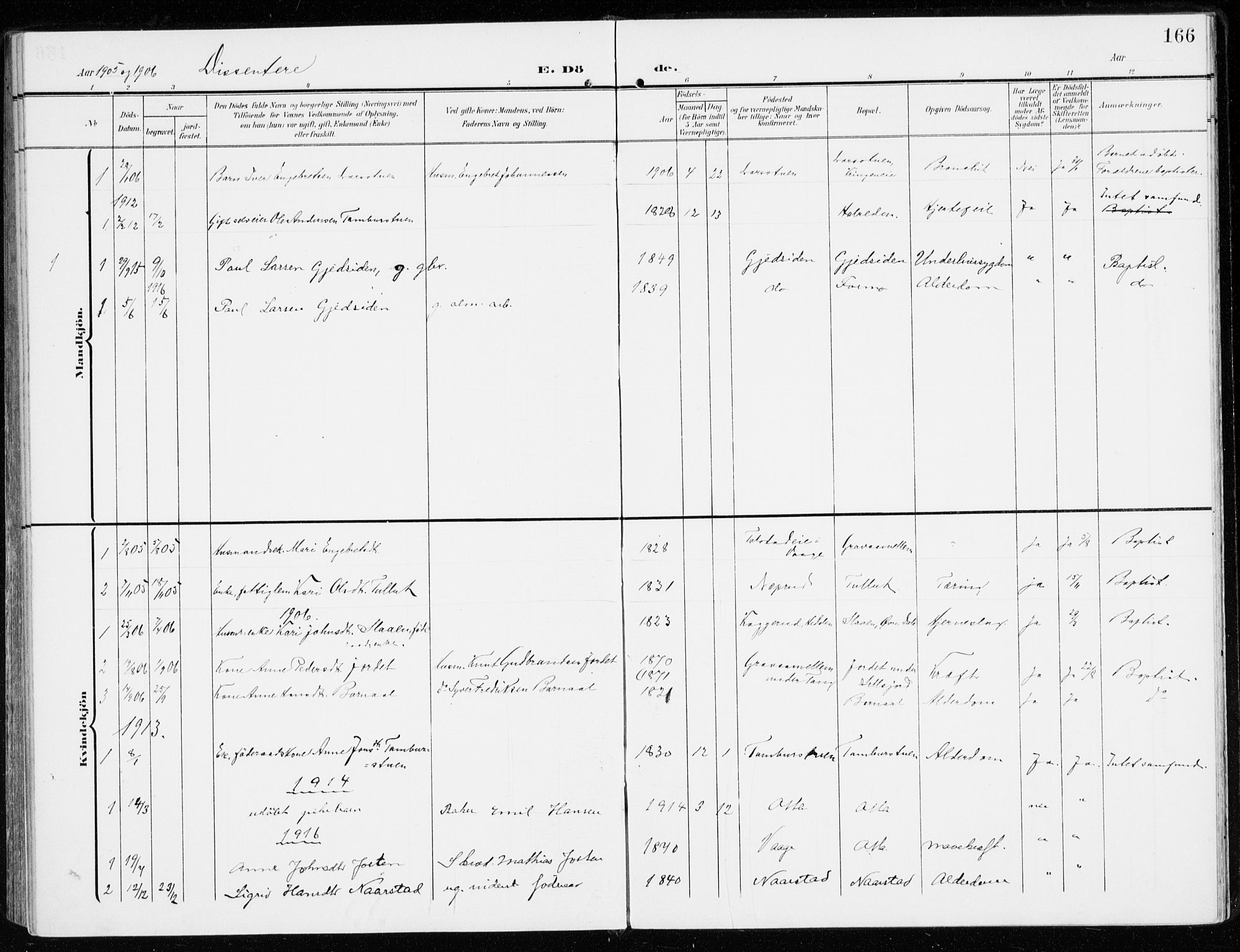 Sel prestekontor, SAH/PREST-074/H/Ha/Haa/L0002: Parish register (official) no. 2, 1905-1919, p. 166
