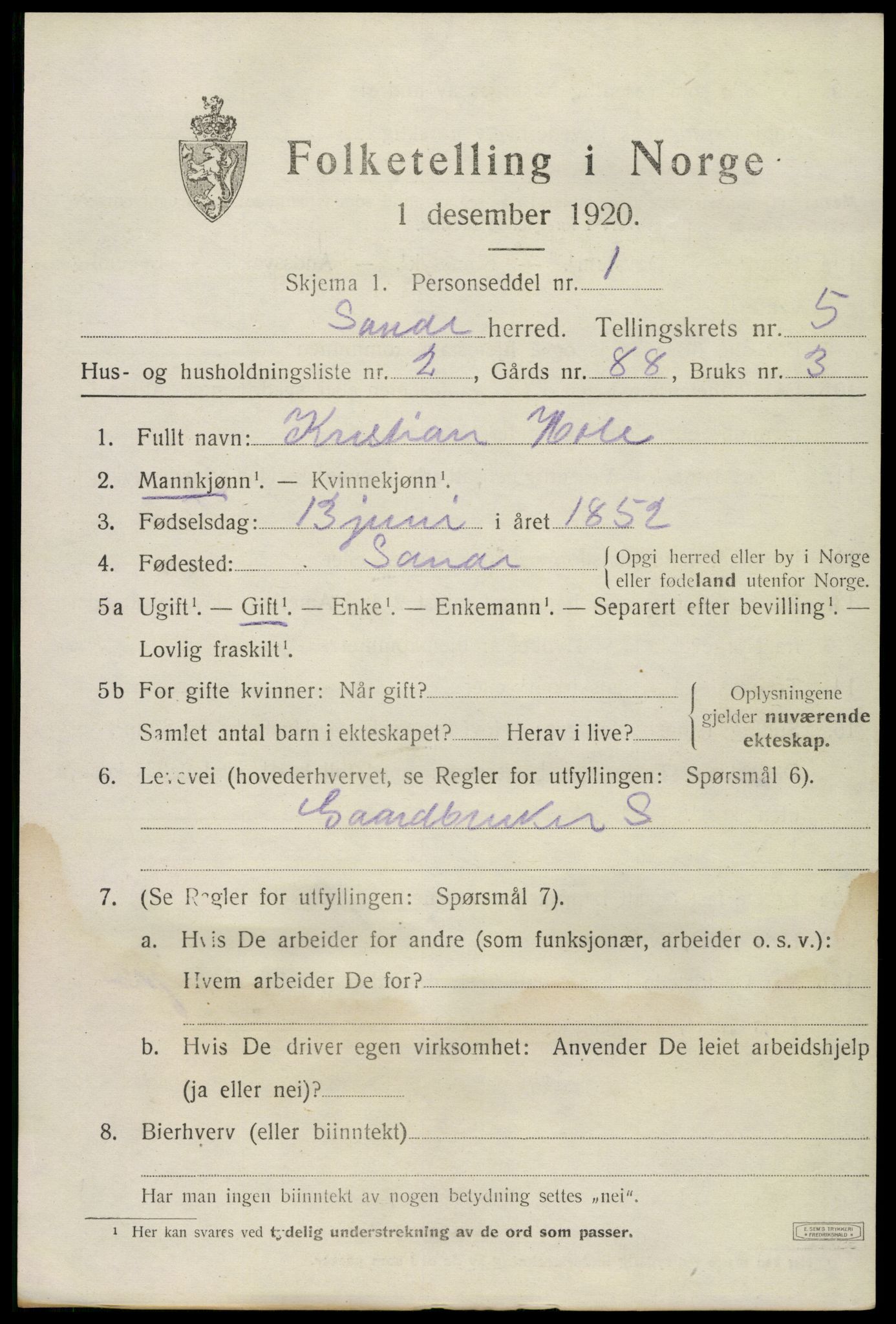 SAKO, 1920 census for Sande, 1920, p. 6140