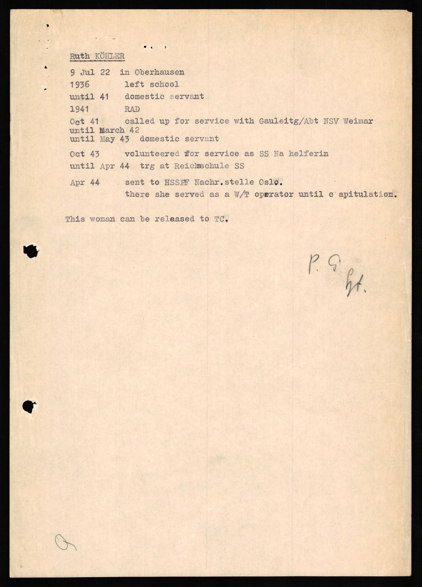 Forsvaret, Forsvarets overkommando II, RA/RAFA-3915/D/Db/L0017: CI Questionaires. Tyske okkupasjonsstyrker i Norge. Tyskere., 1945-1946, p. 404