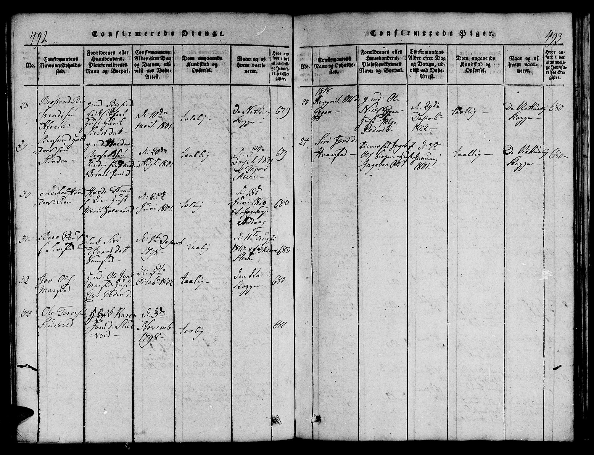 Ministerialprotokoller, klokkerbøker og fødselsregistre - Sør-Trøndelag, AV/SAT-A-1456/695/L1152: Parish register (copy) no. 695C03, 1816-1831, p. 492-493