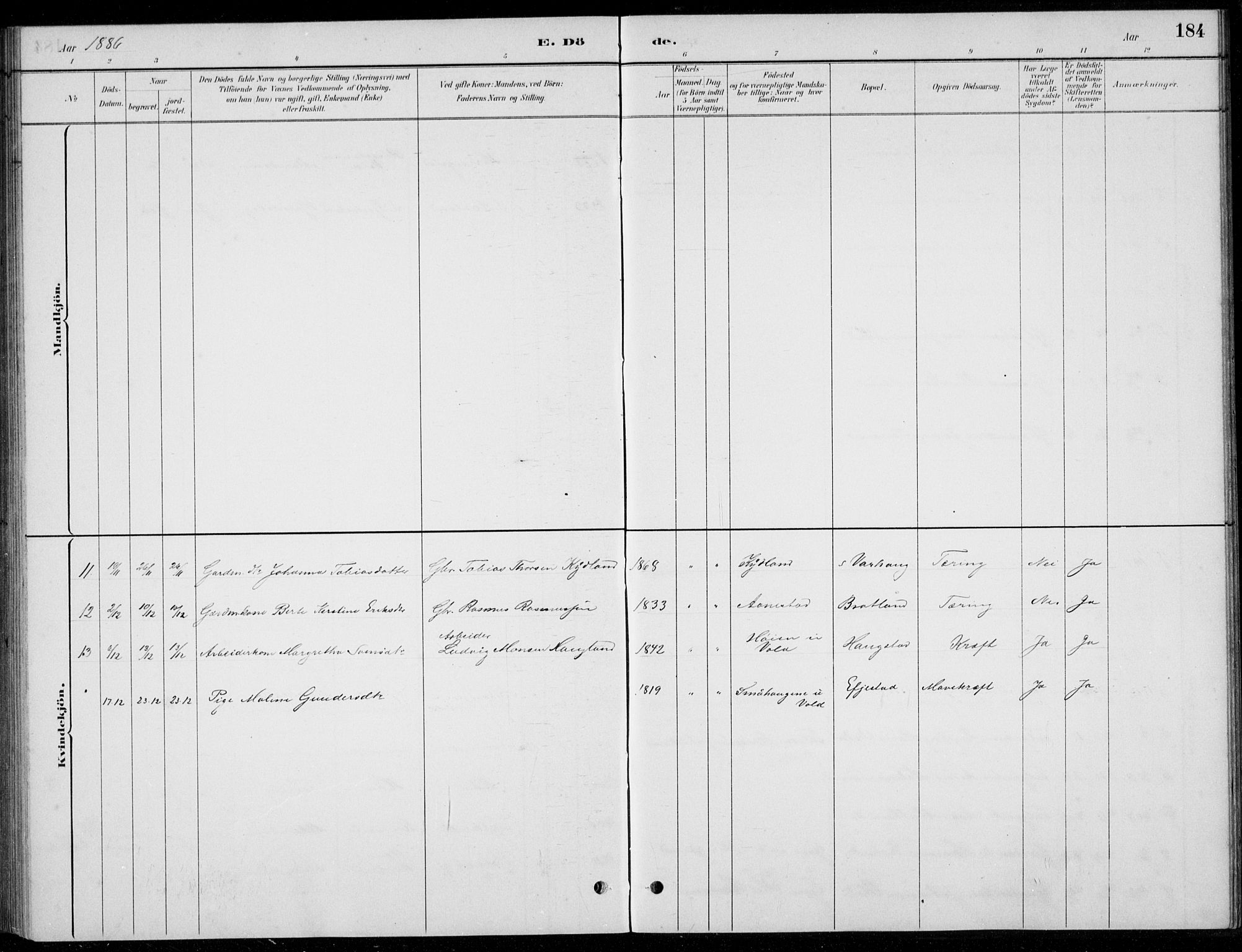 Hå sokneprestkontor, AV/SAST-A-101801/001/30BB/L0004: Parish register (copy) no. B 4, 1883-1899, p. 184