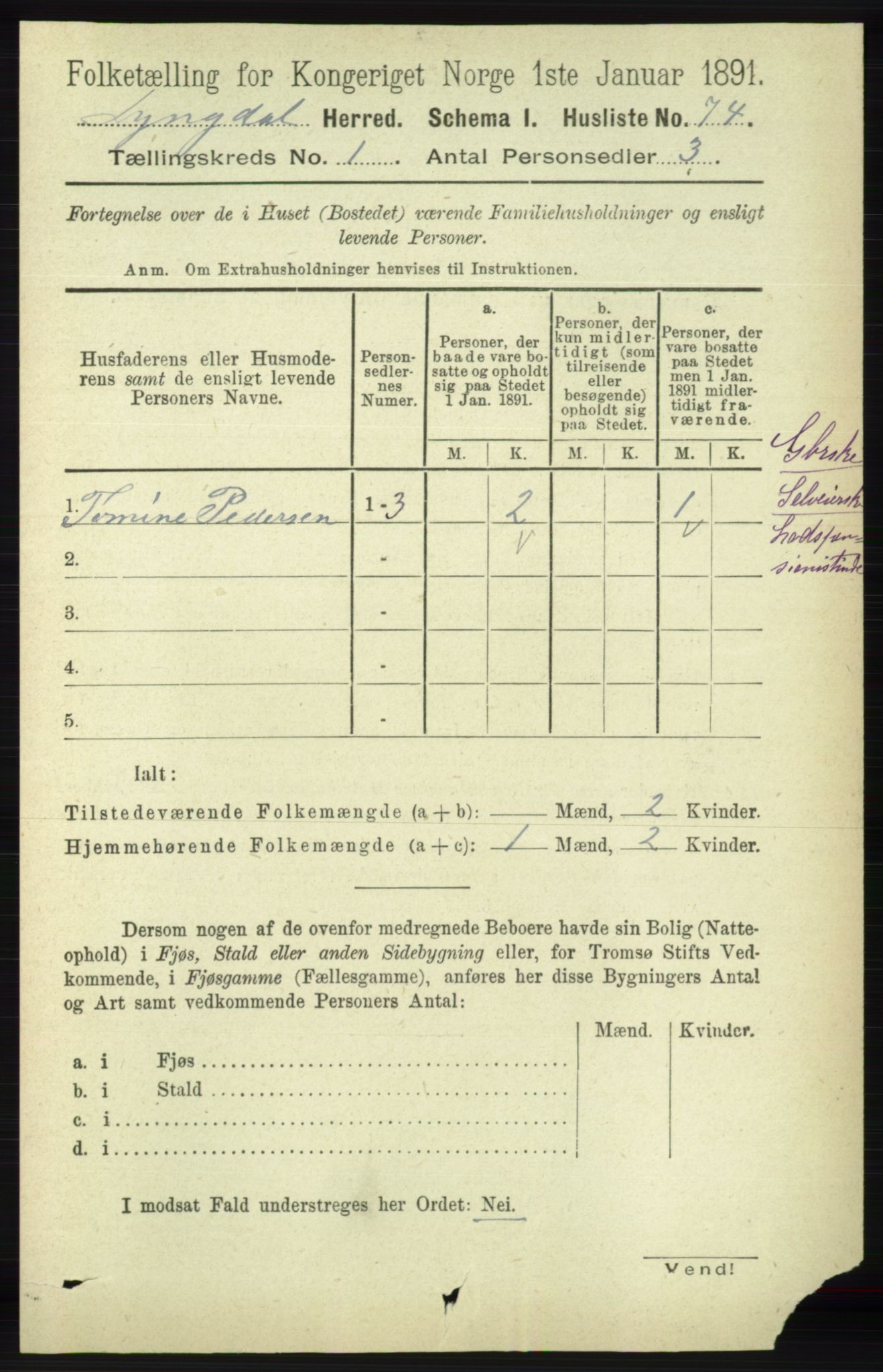 RA, 1891 census for 1032 Lyngdal, 1891, p. 114