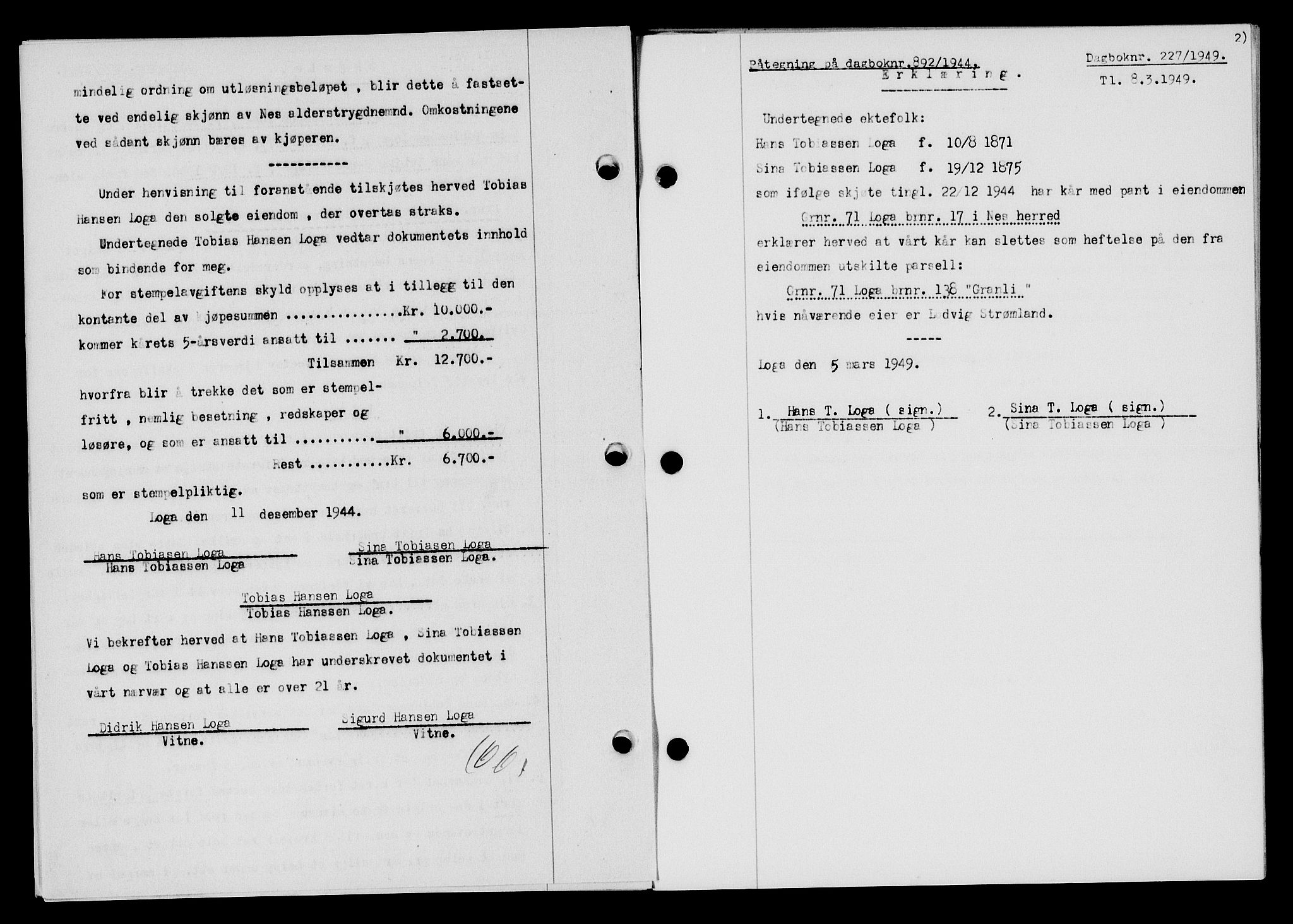 Flekkefjord sorenskriveri, SAK/1221-0001/G/Gb/Gba/L0059: Mortgage book no. A-7, 1944-1945, Diary no: : 892/1944