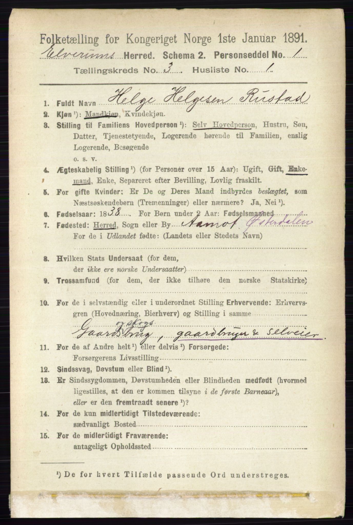 RA, 1891 census for 0427 Elverum, 1891, p. 1851