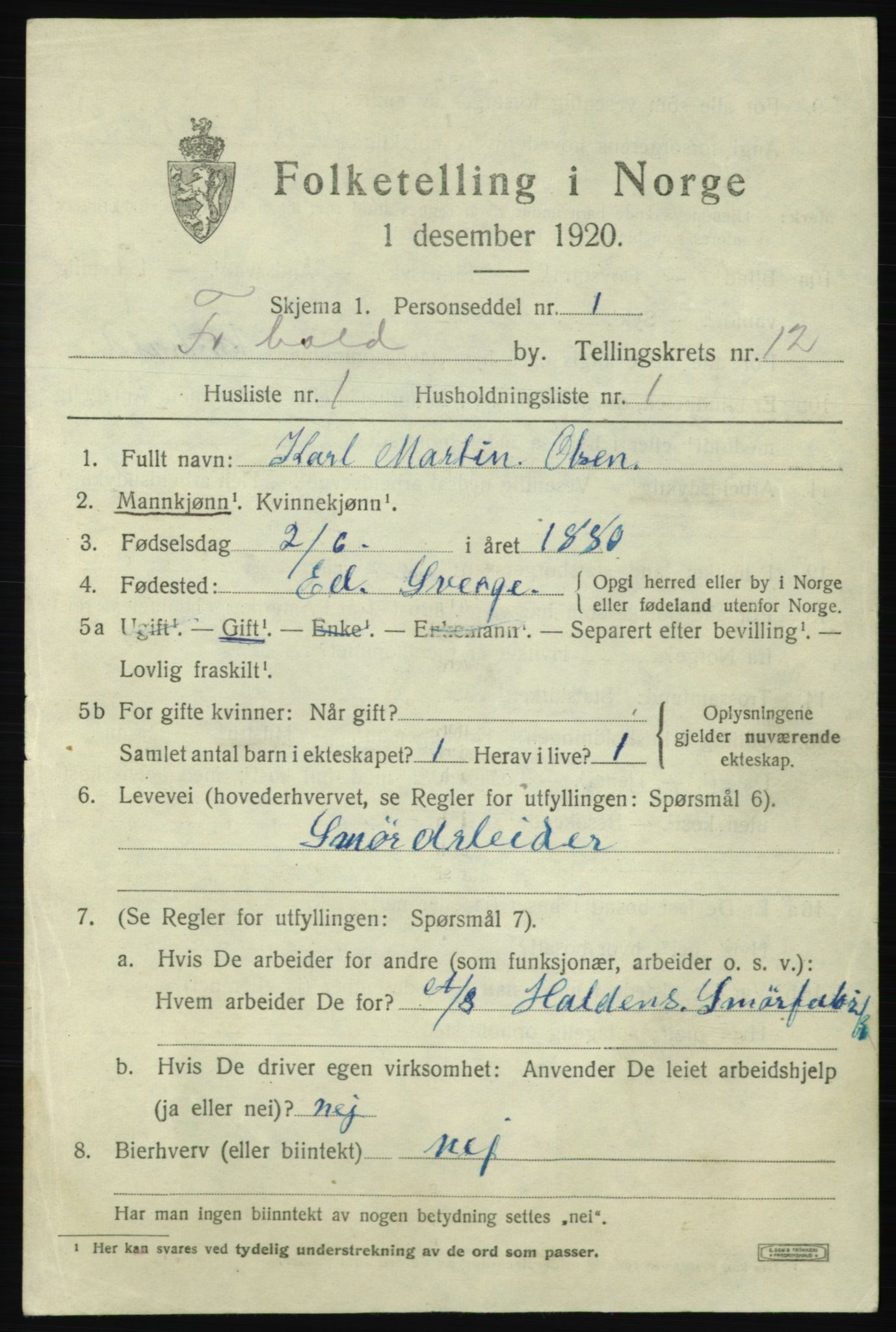 SAO, 1920 census for Fredrikshald, 1920, p. 19761