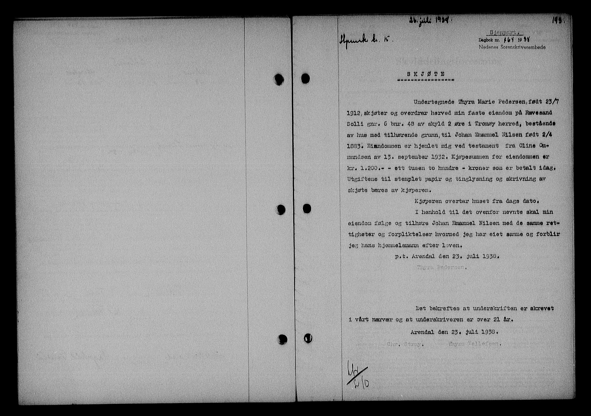 Nedenes sorenskriveri, SAK/1221-0006/G/Gb/Gba/L0045: Mortgage book no. 41, 1938-1938, Diary no: : 764/1938