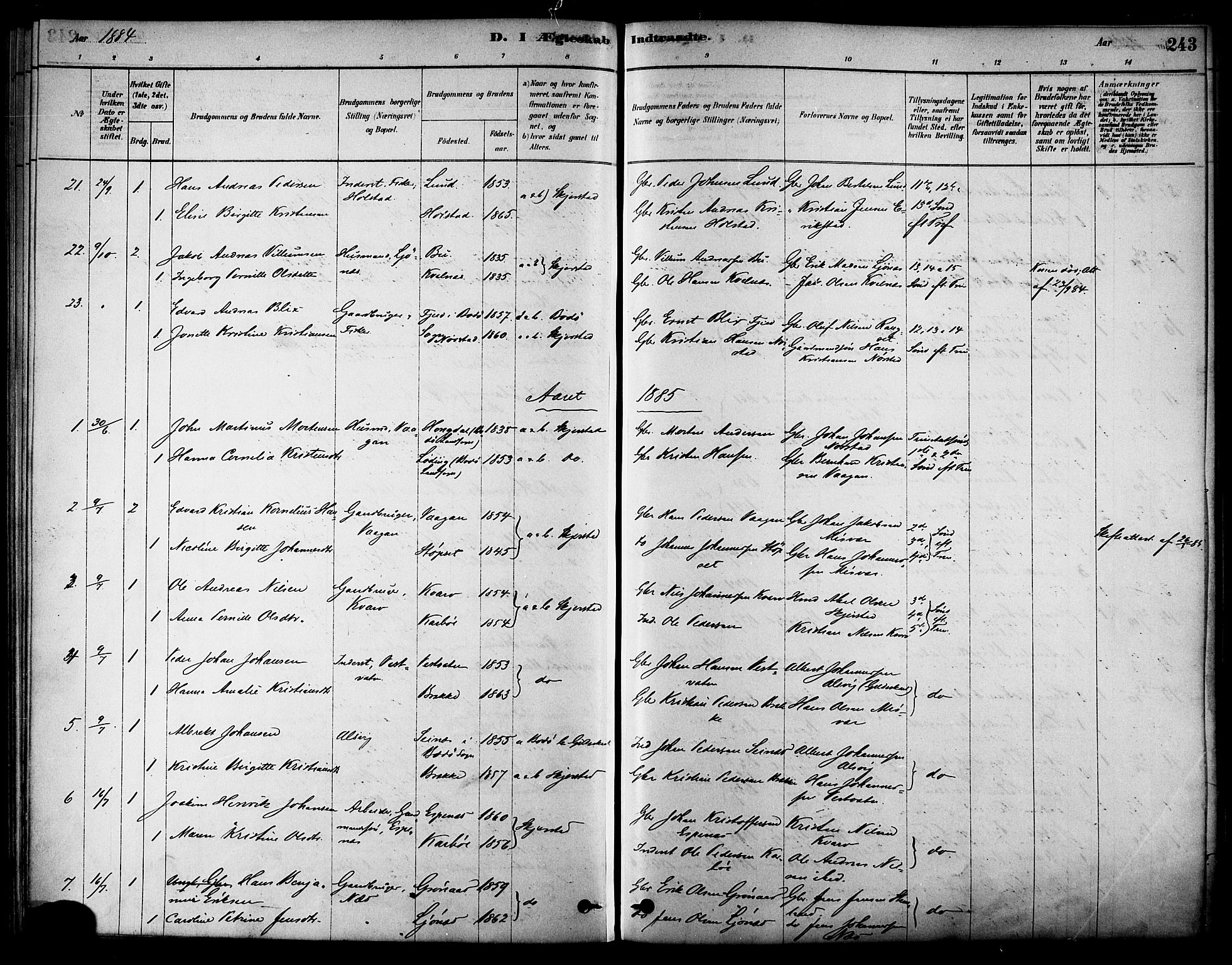 Ministerialprotokoller, klokkerbøker og fødselsregistre - Nordland, SAT/A-1459/852/L0740: Parish register (official) no. 852A10, 1878-1894, p. 243