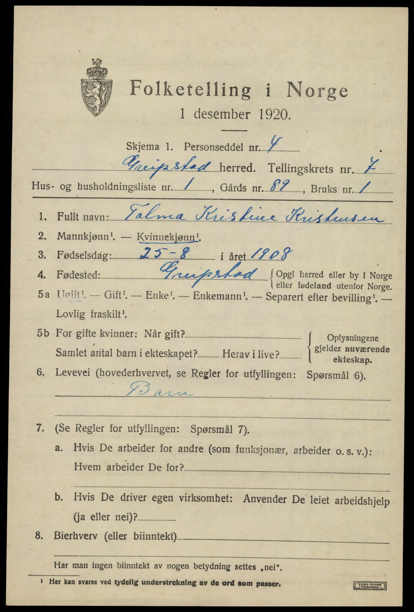 SAK, 1920 census for Greipstad, 1920, p. 2112