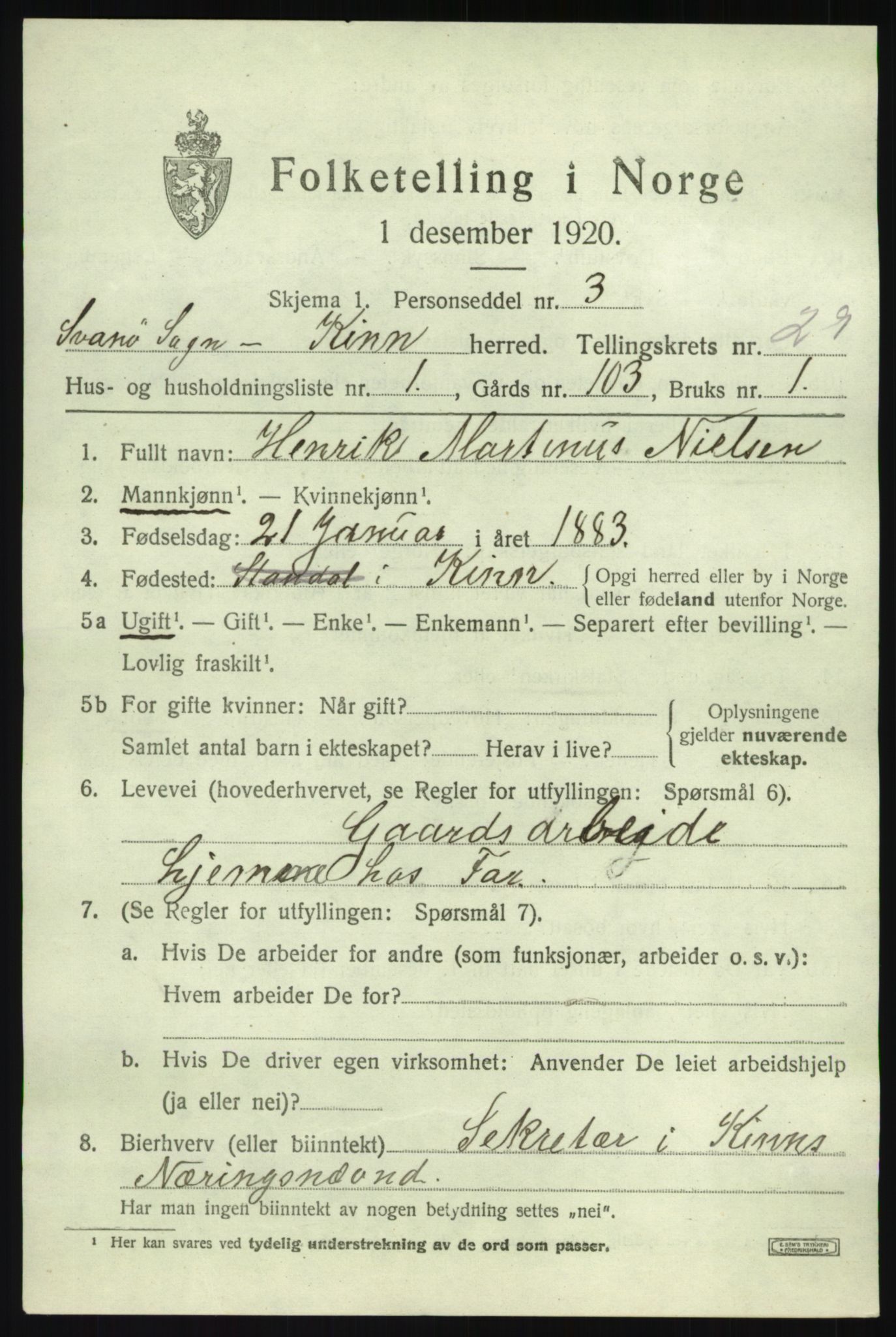 SAB, 1920 census for Kinn, 1920, p. 9853