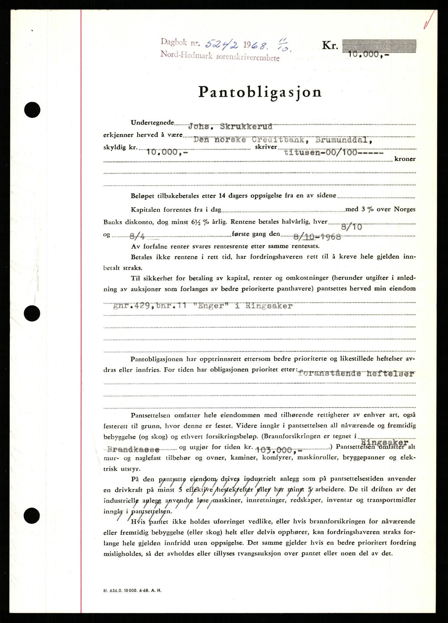 Nord-Hedmark sorenskriveri, SAH/TING-012/H/Hb/Hbf/L0077: Mortgage book no. B77, 1968-1969, Diary no: : 5242/1968