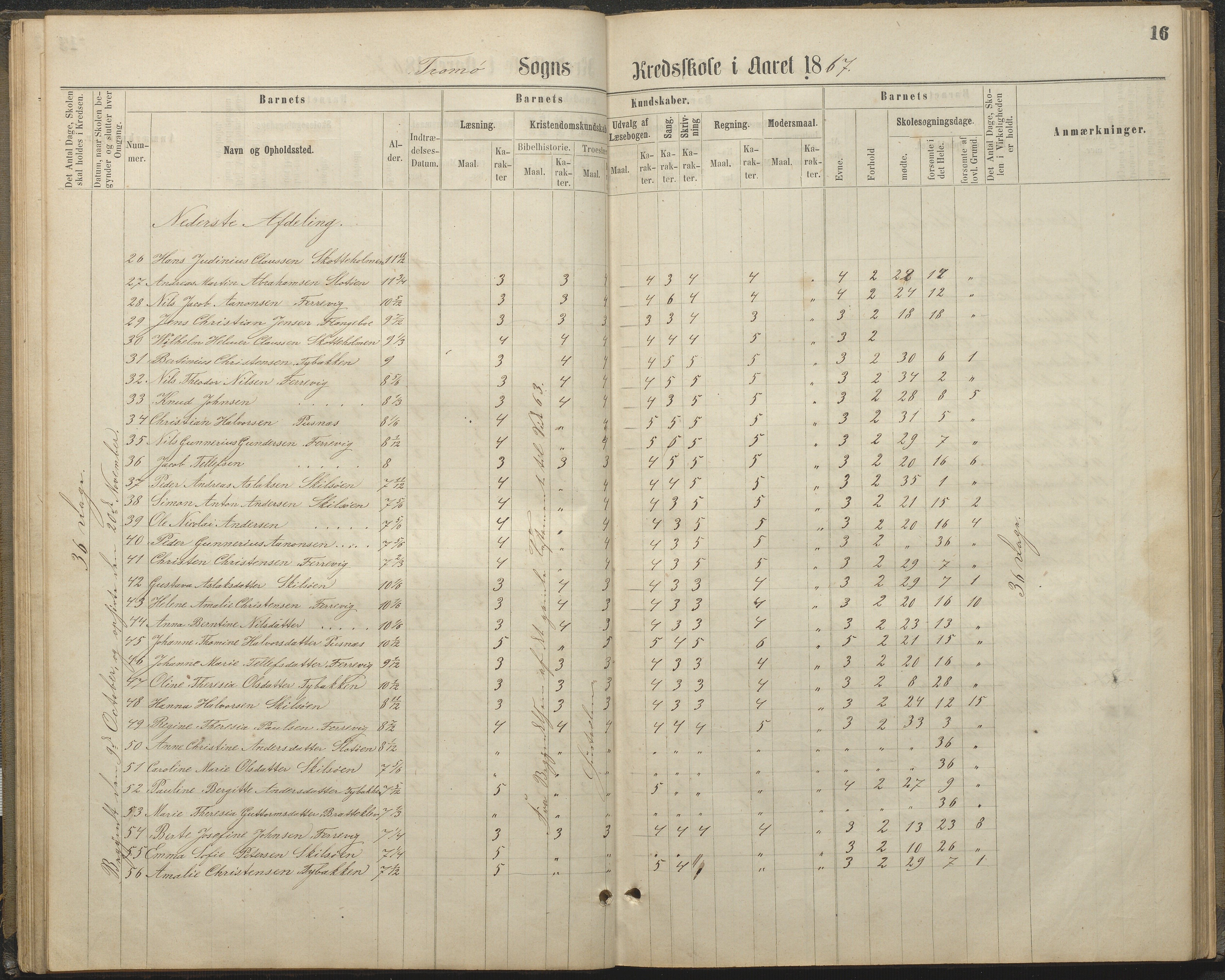 Tromøy kommune frem til 1971, AAKS/KA0921-PK/04/L0032: Færvik (Roligheden) - Karakterprotokoll, 1864-1889, p. 16