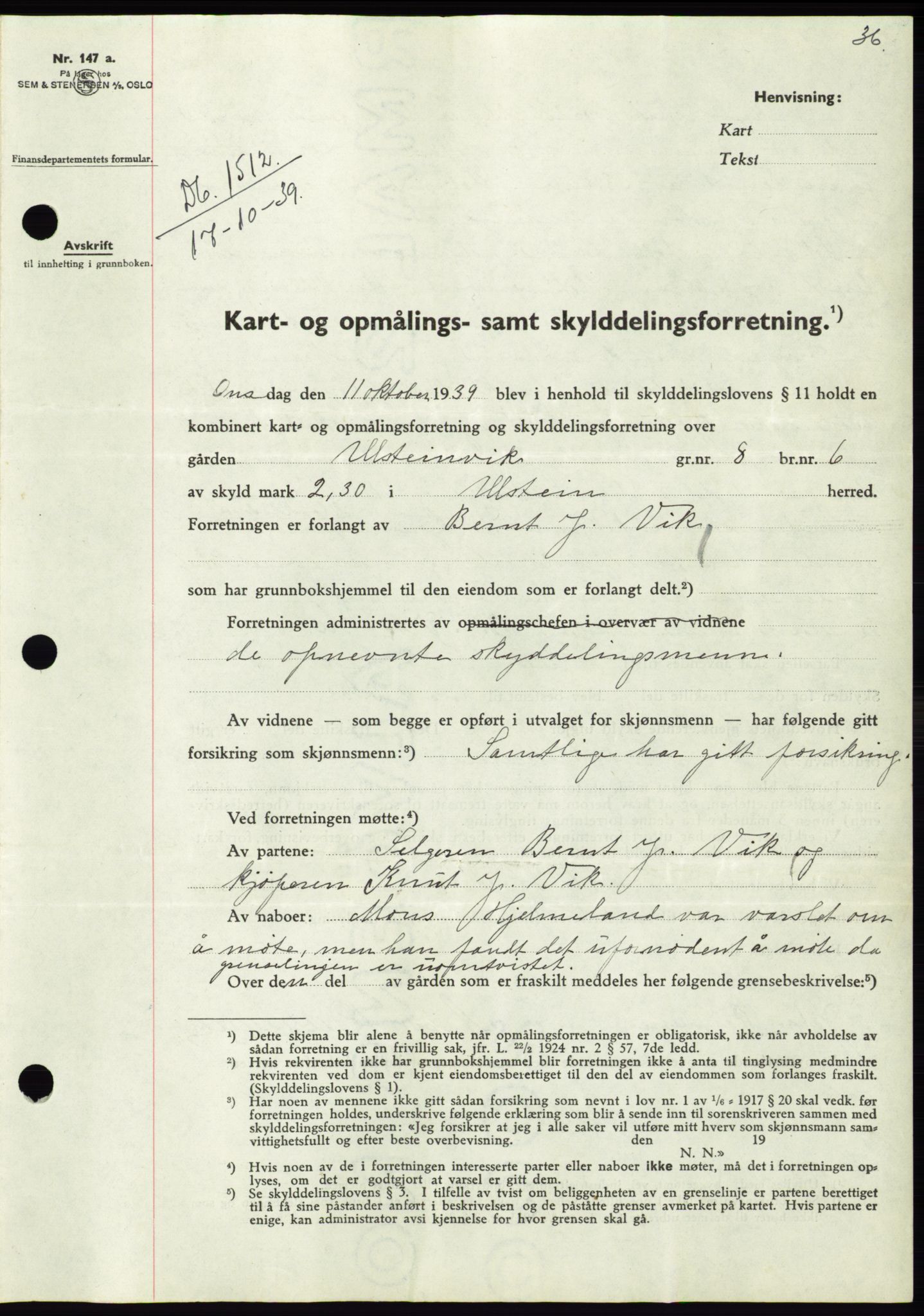 Søre Sunnmøre sorenskriveri, AV/SAT-A-4122/1/2/2C/L0069: Mortgage book no. 63, 1939-1940, Diary no: : 1512/1939