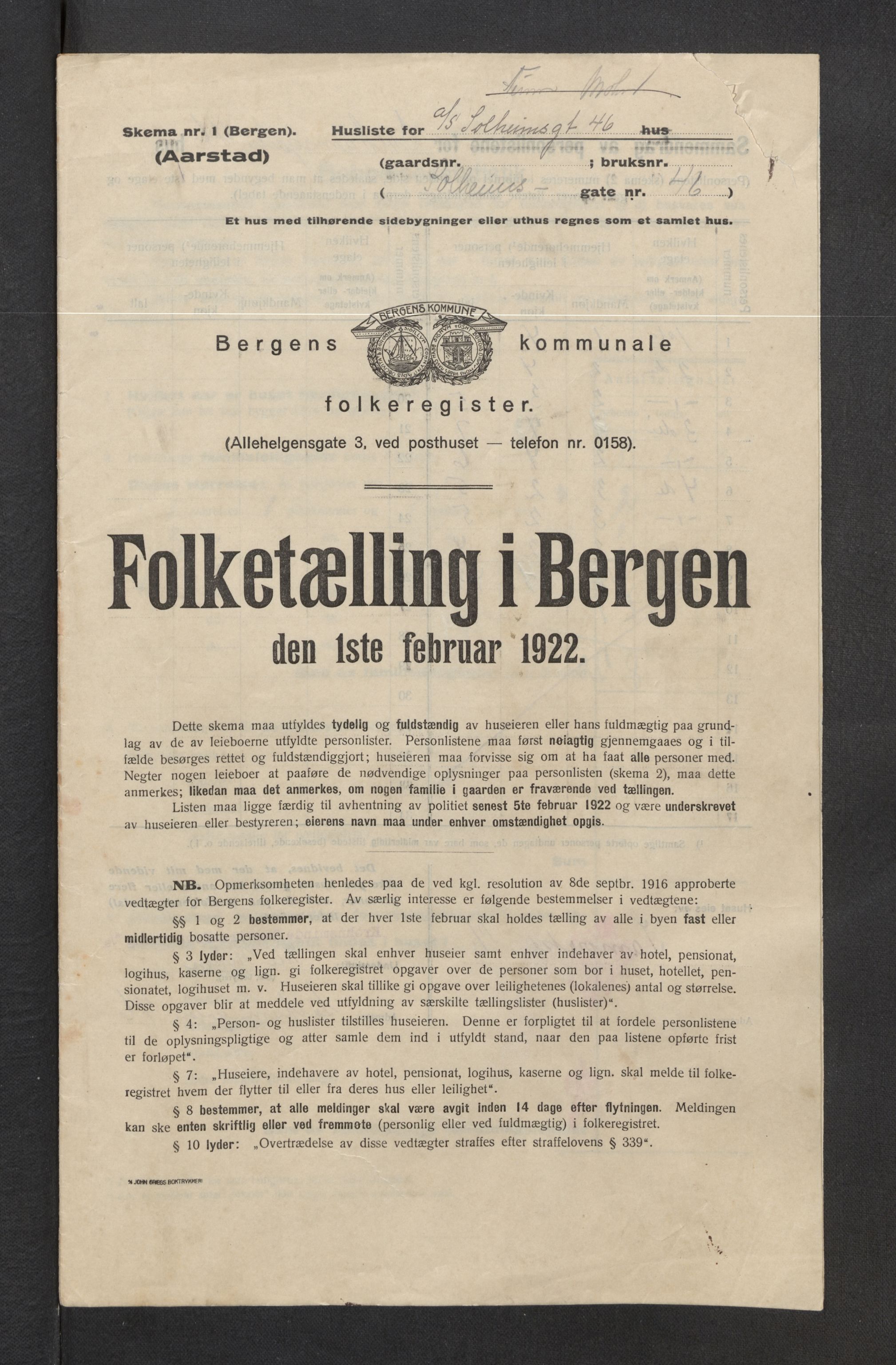 SAB, Municipal Census 1922 for Bergen, 1922, p. 58227