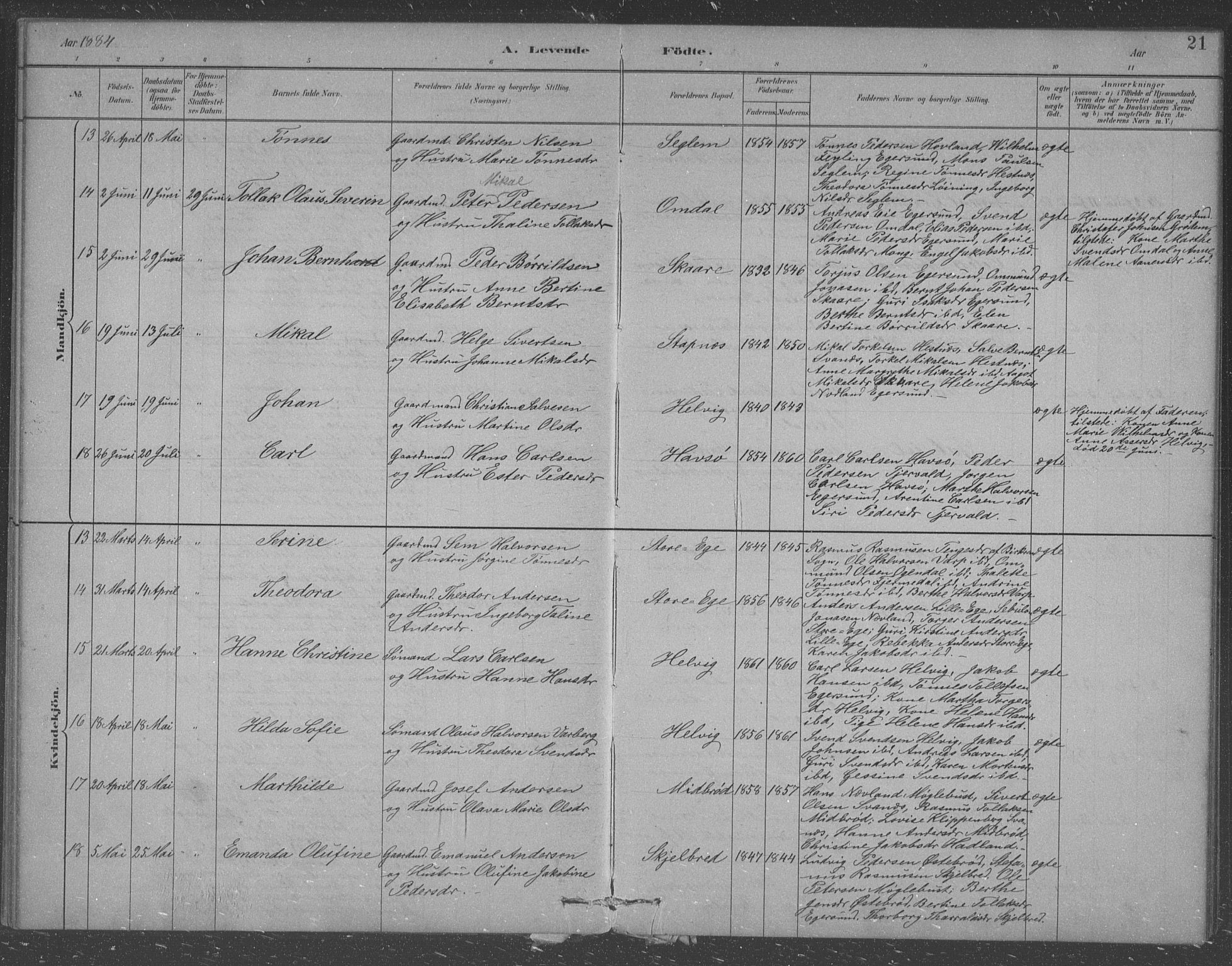 Eigersund sokneprestkontor, AV/SAST-A-101807/S09/L0007: Parish register (copy) no. B 7, 1882-1892, p. 21