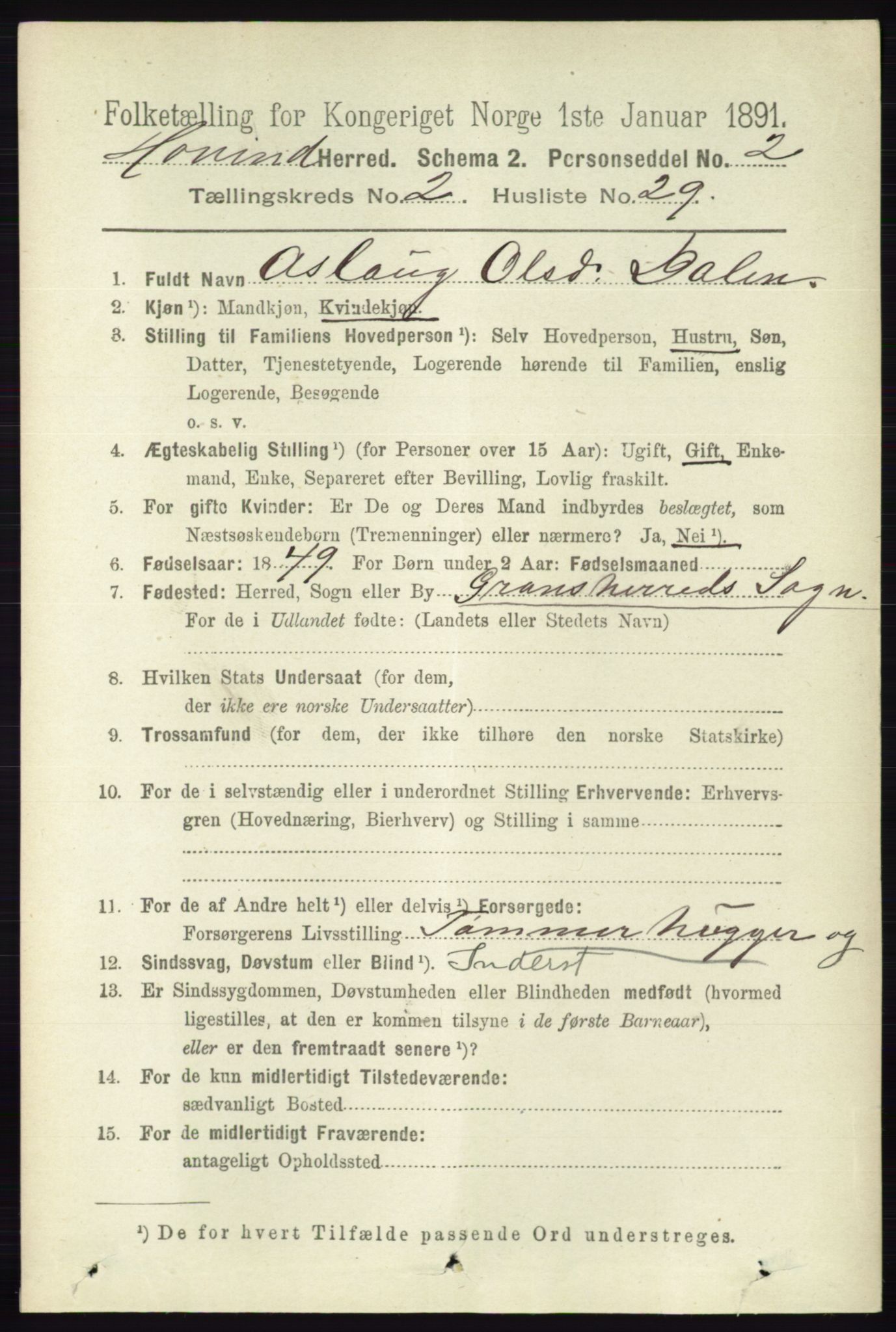 RA, 1891 census for 0825 Hovin, 1891, p. 632