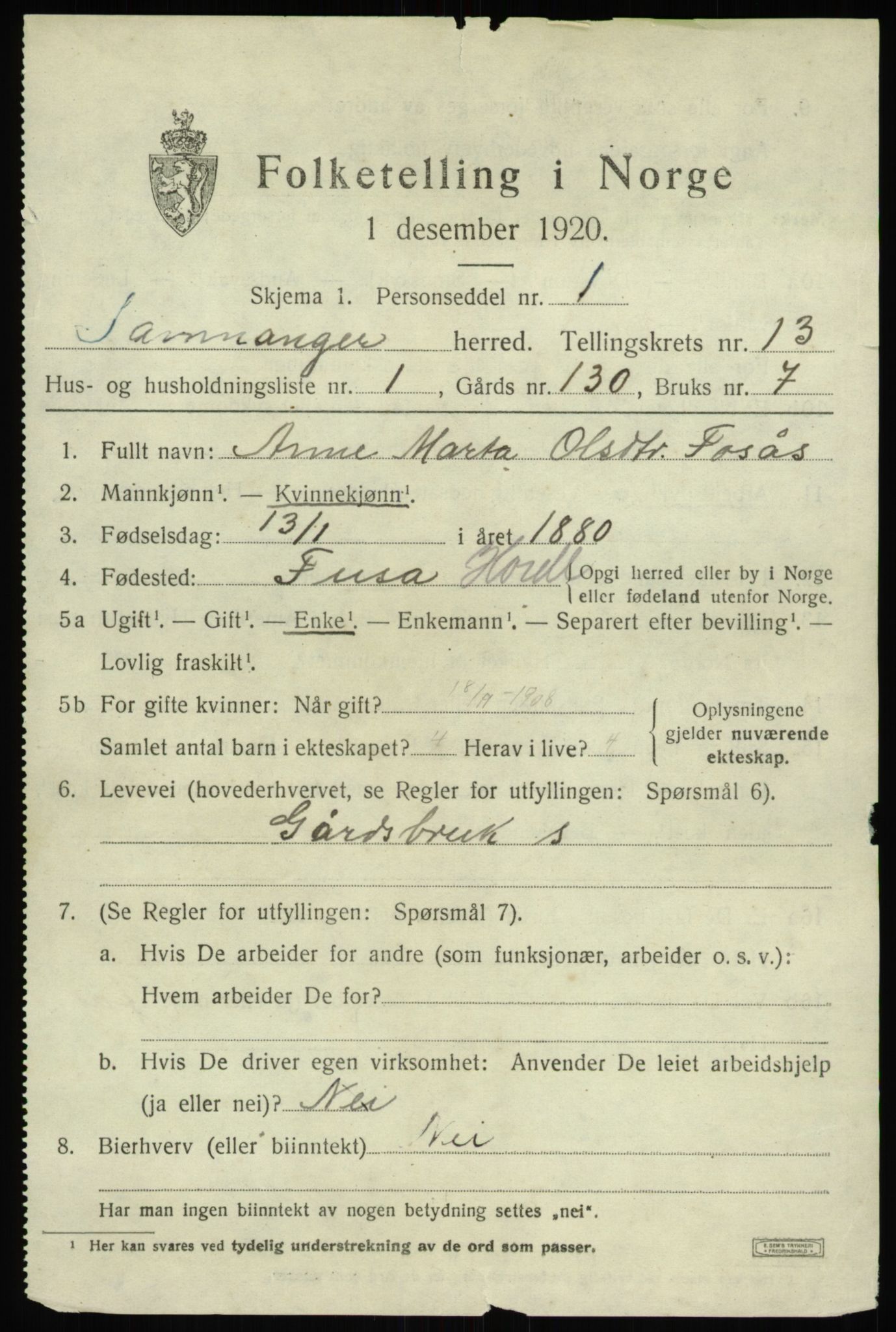 SAB, 1920 census for Samnanger, 1920, p. 5101