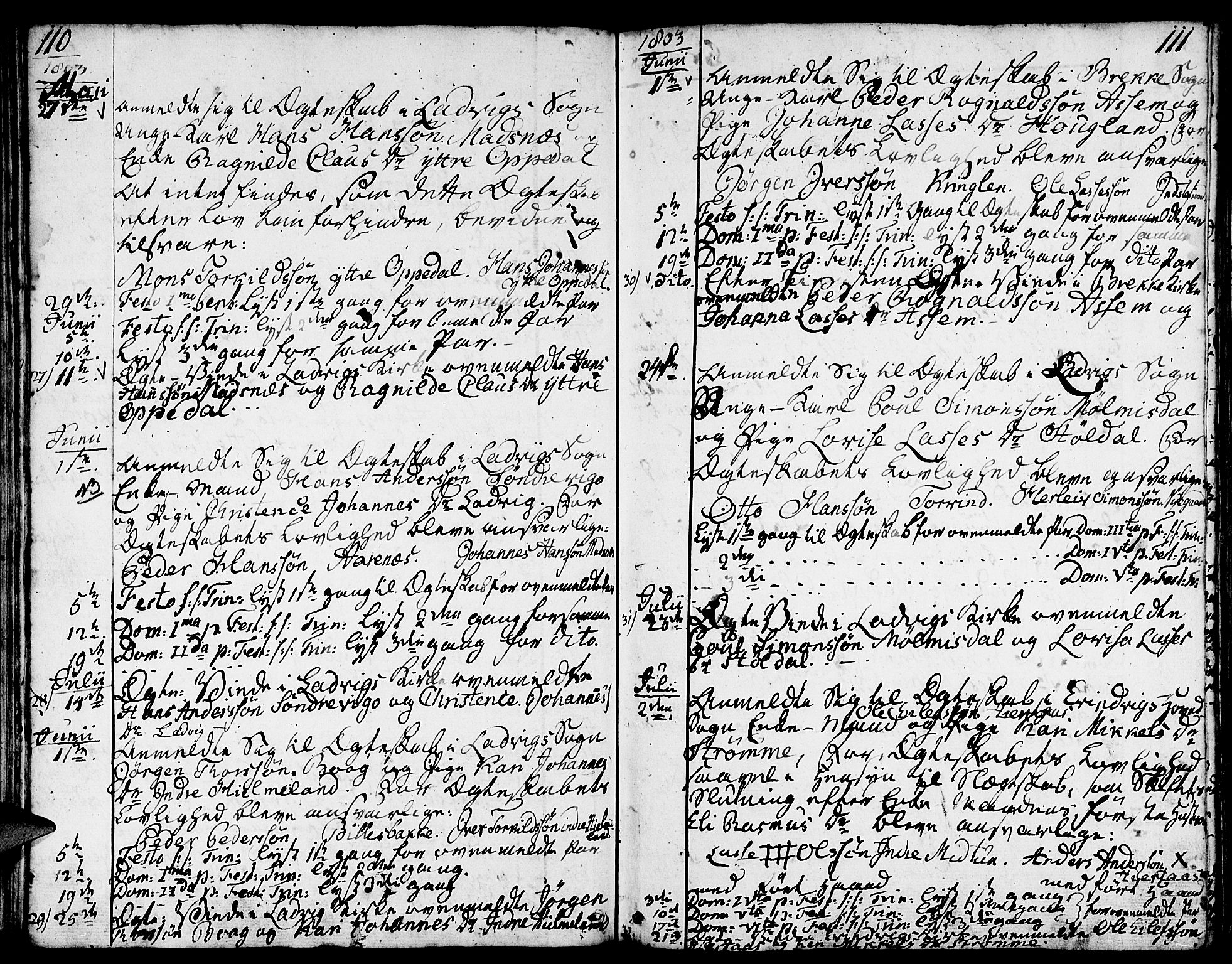 Gulen sokneprestembete, AV/SAB-A-80201/H/Haa/Haaa/L0016: Parish register (official) no. A 16, 1798-1808, p. 110-111