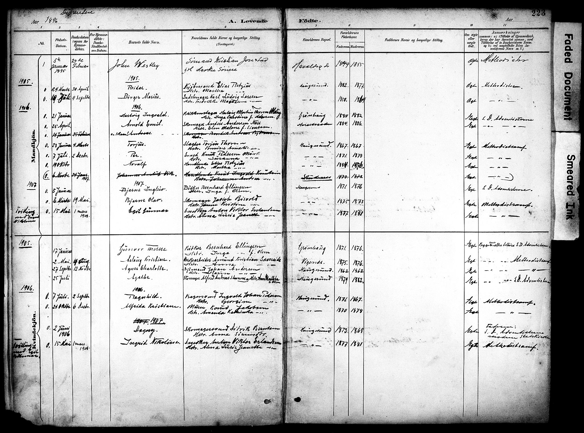 Haugesund sokneprestkontor, SAST/A -101863/H/Ha/Haa/L0006: Parish register (official) no. A 6, 1891-1907, p. 223