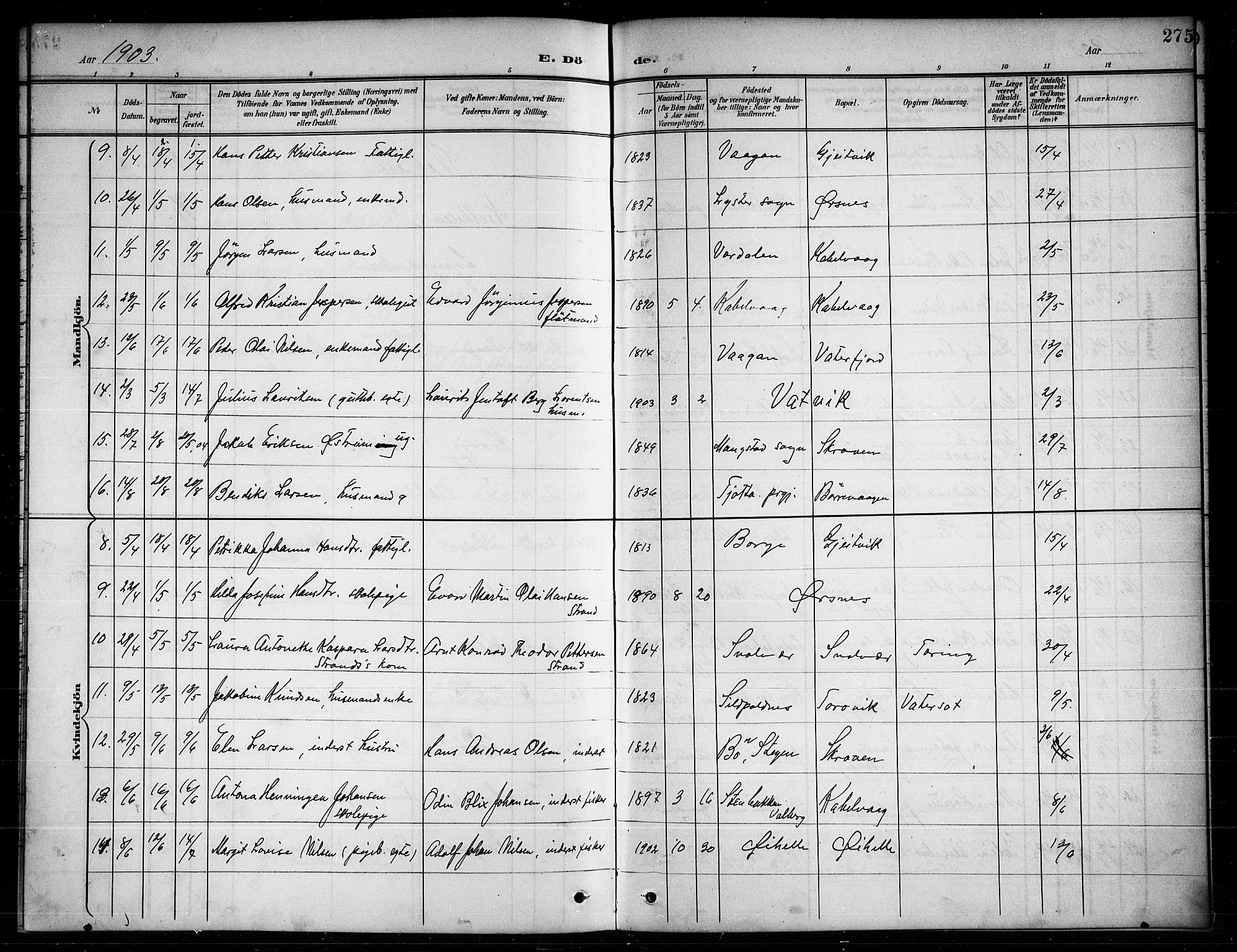 Ministerialprotokoller, klokkerbøker og fødselsregistre - Nordland, AV/SAT-A-1459/874/L1078: Parish register (copy) no. 874C07, 1900-1907, p. 275