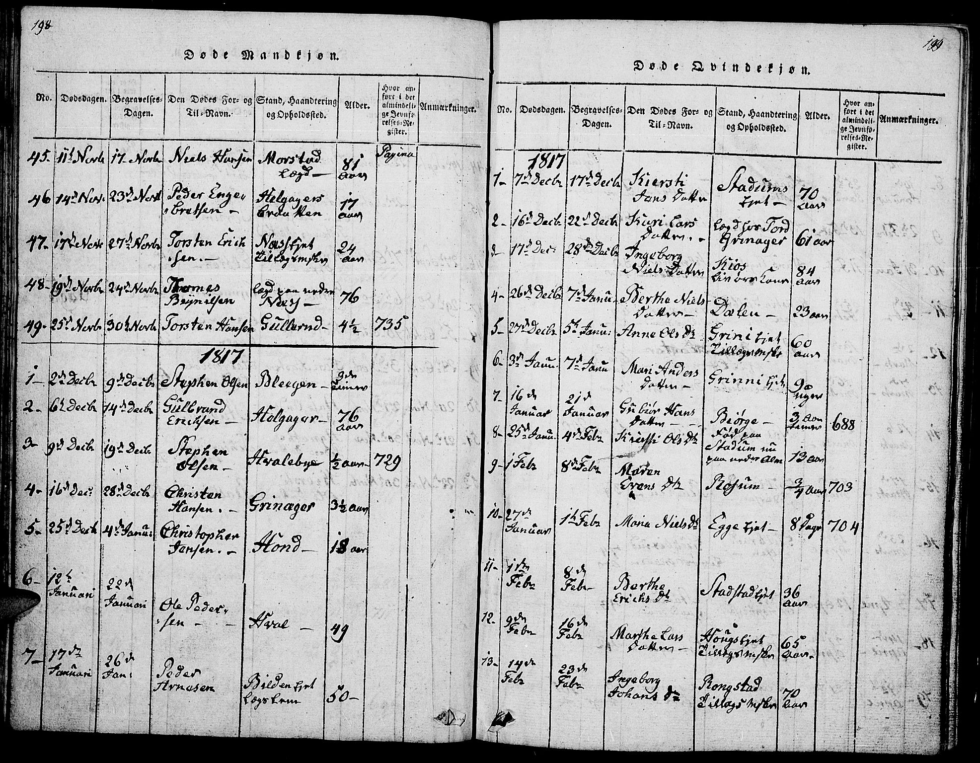Gran prestekontor, SAH/PREST-112/H/Ha/Hab/L0001: Parish register (copy) no. 1, 1815-1824, p. 198-199