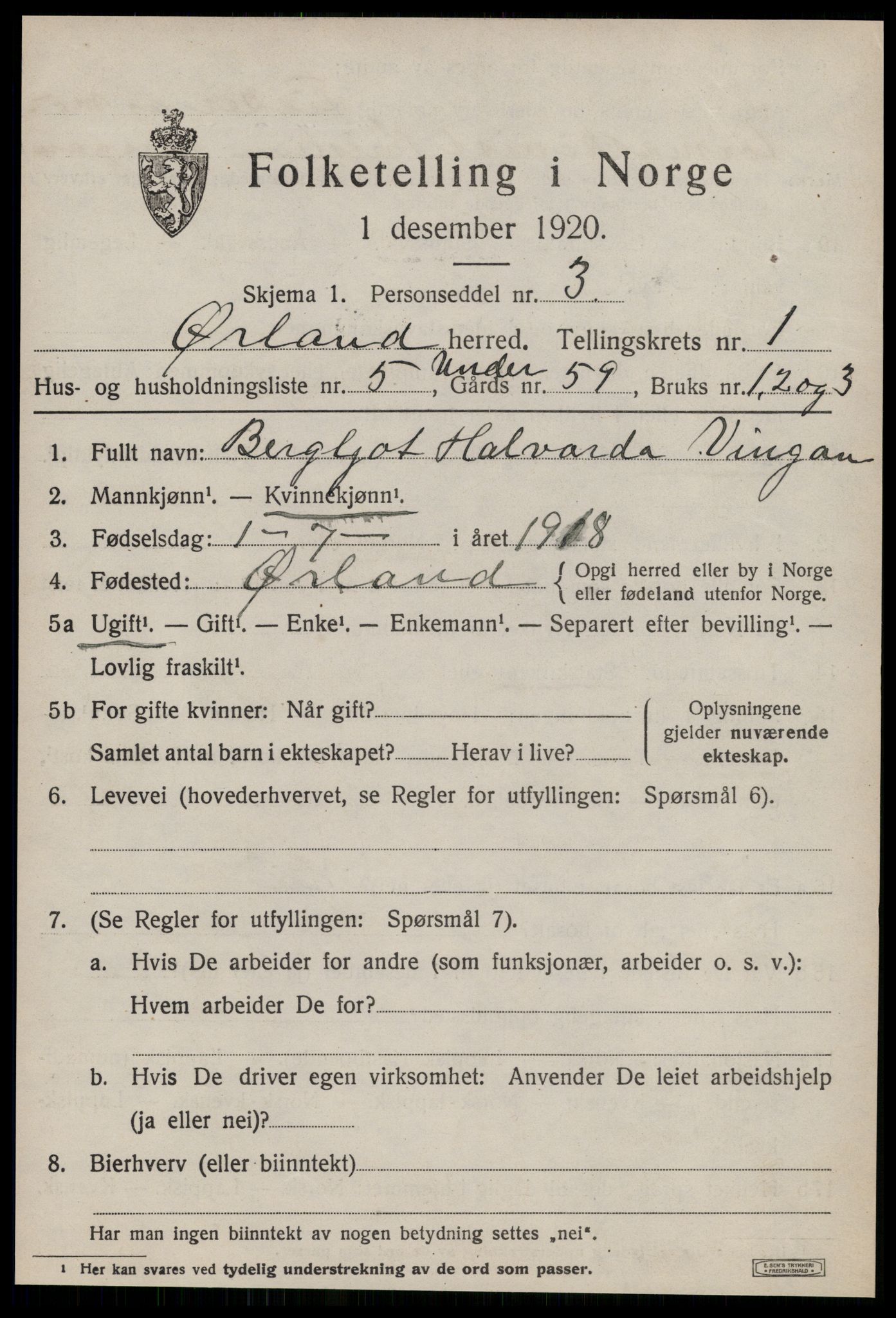 SAT, 1920 census for Ørland, 1920, p. 1407
