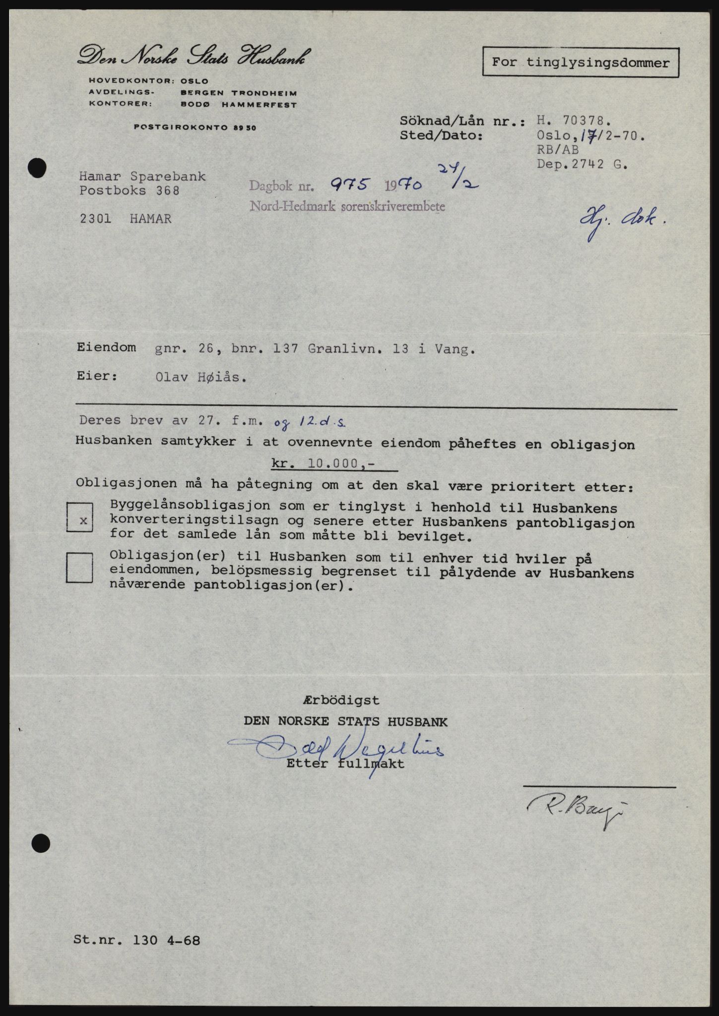 Nord-Hedmark sorenskriveri, SAH/TING-012/H/Hc/L0033: Mortgage book no. 33, 1970-1970, Diary no: : 975/1970