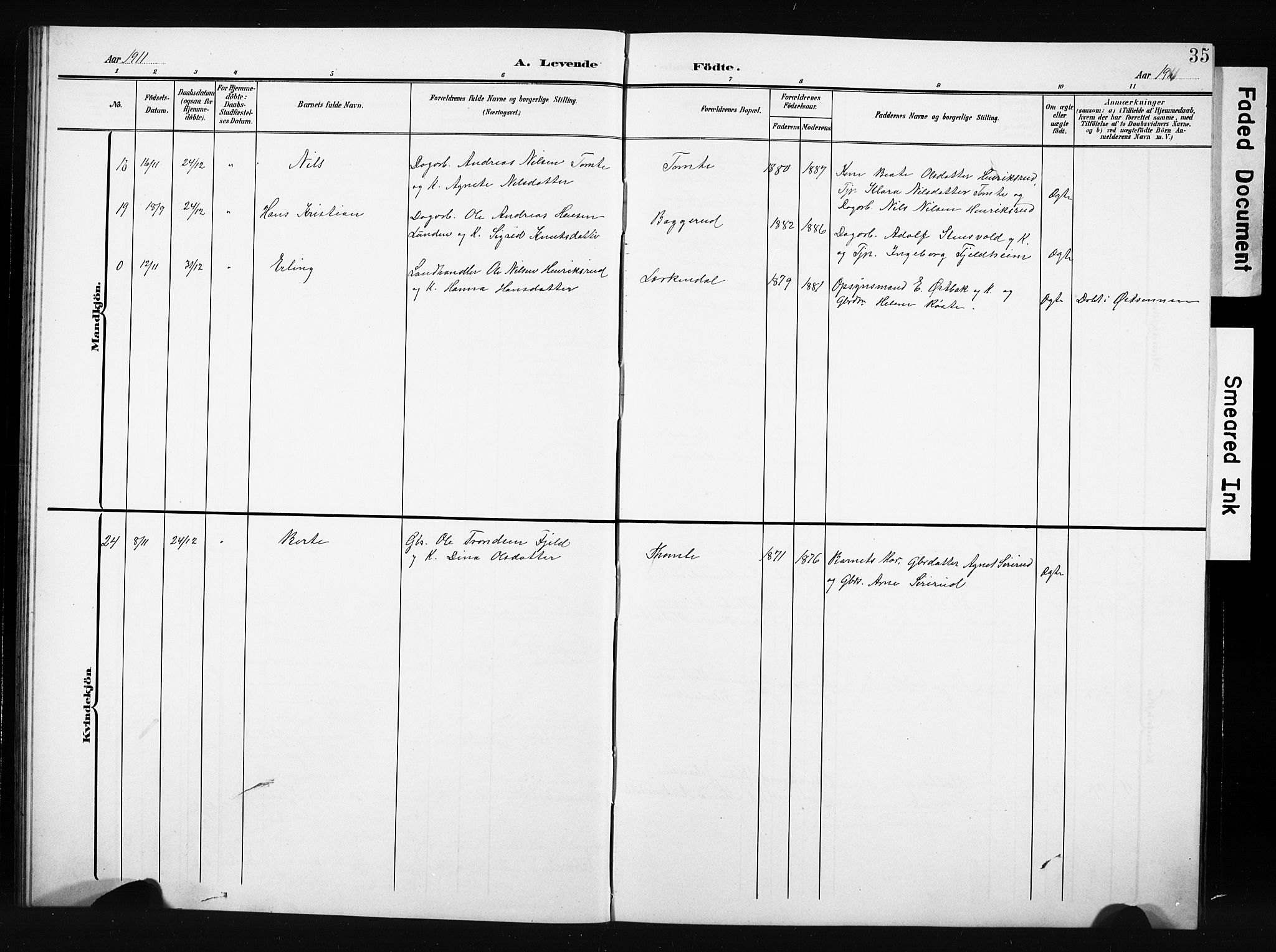 Nordre Land prestekontor, SAH/PREST-124/H/Ha/Hab/L0006: Parish register (copy) no. 6, 1905-1929, p. 35