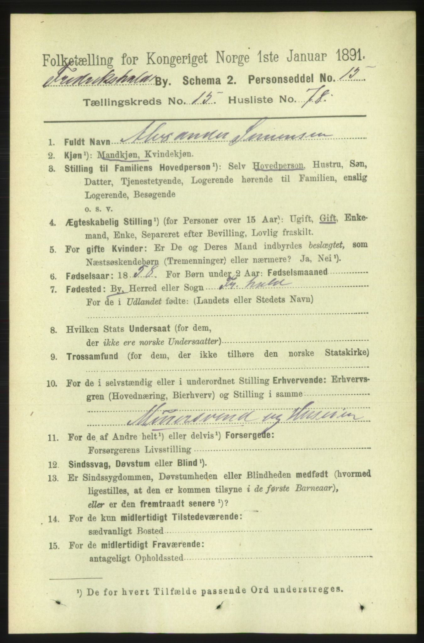 RA, 1891 census for 0101 Fredrikshald, 1891, p. 10343