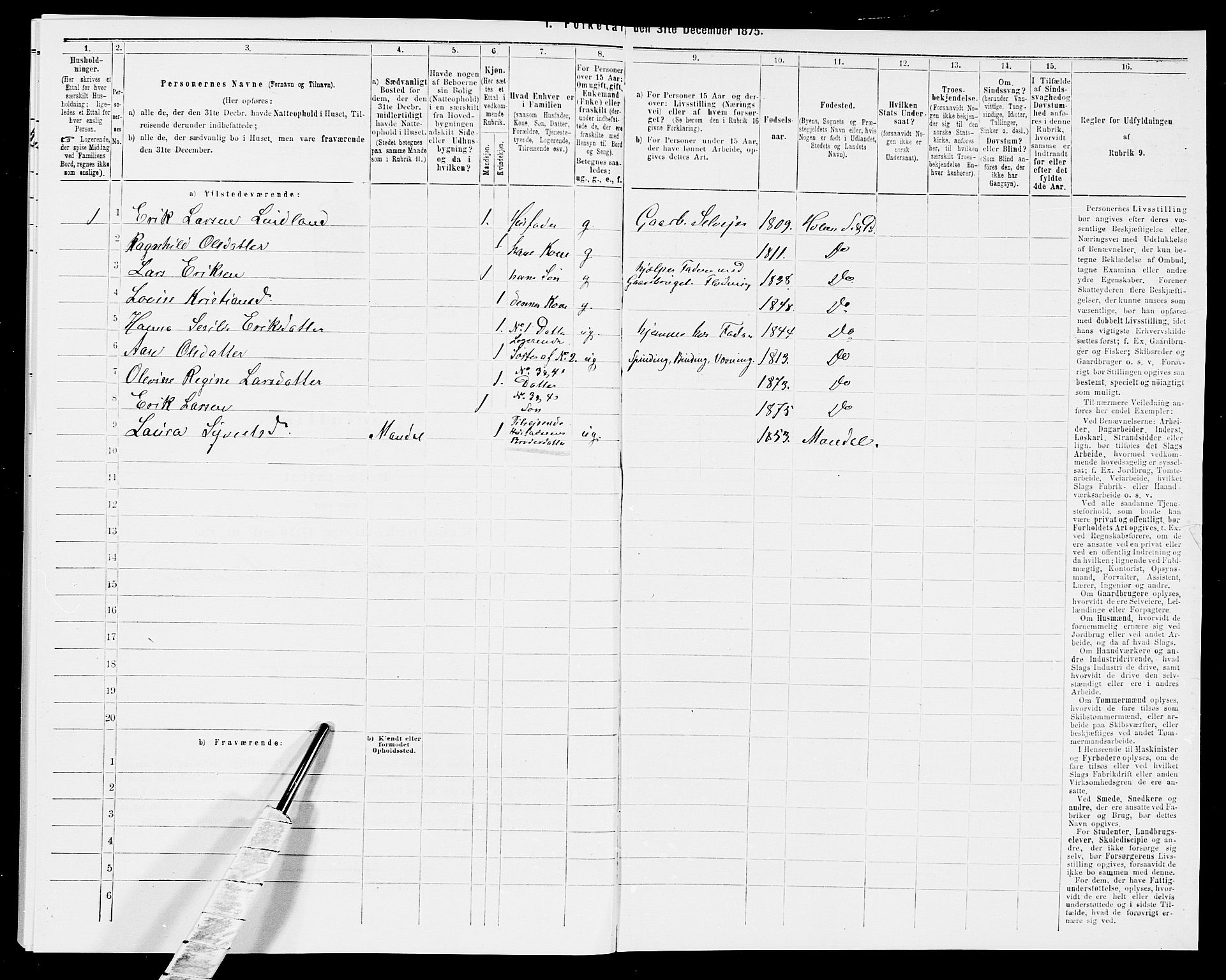 SAK, 1875 census for 1020P Holum, 1875, p. 240