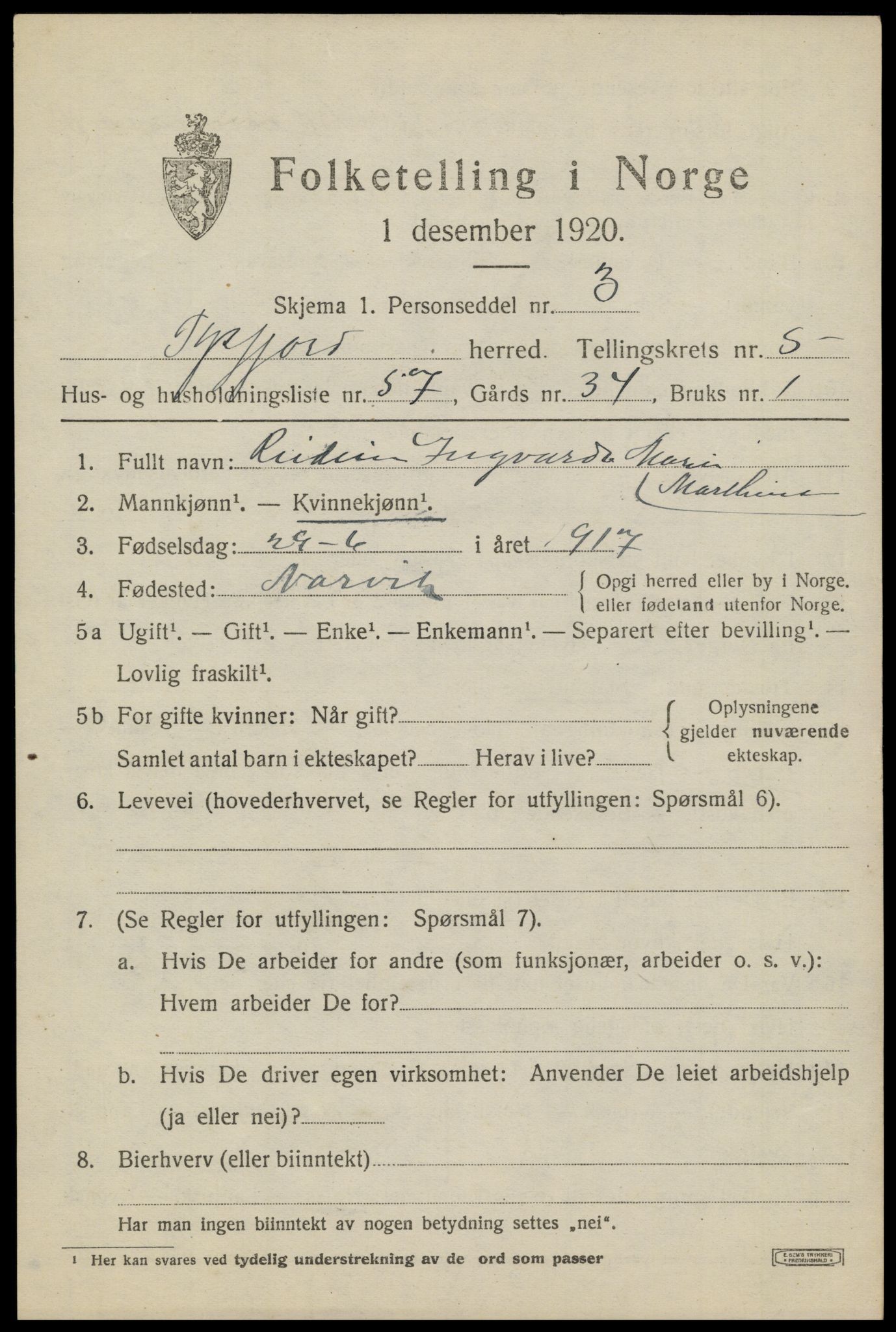 SAT, 1920 census for Tysfjord, 1920, p. 4779