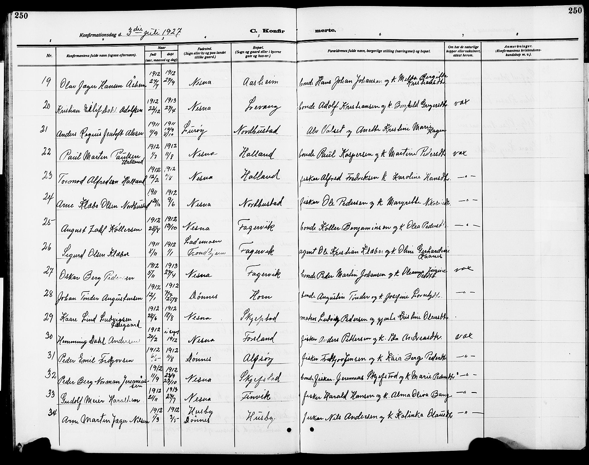 Ministerialprotokoller, klokkerbøker og fødselsregistre - Nordland, AV/SAT-A-1459/838/L0560: Parish register (copy) no. 838C07, 1910-1928, p. 250