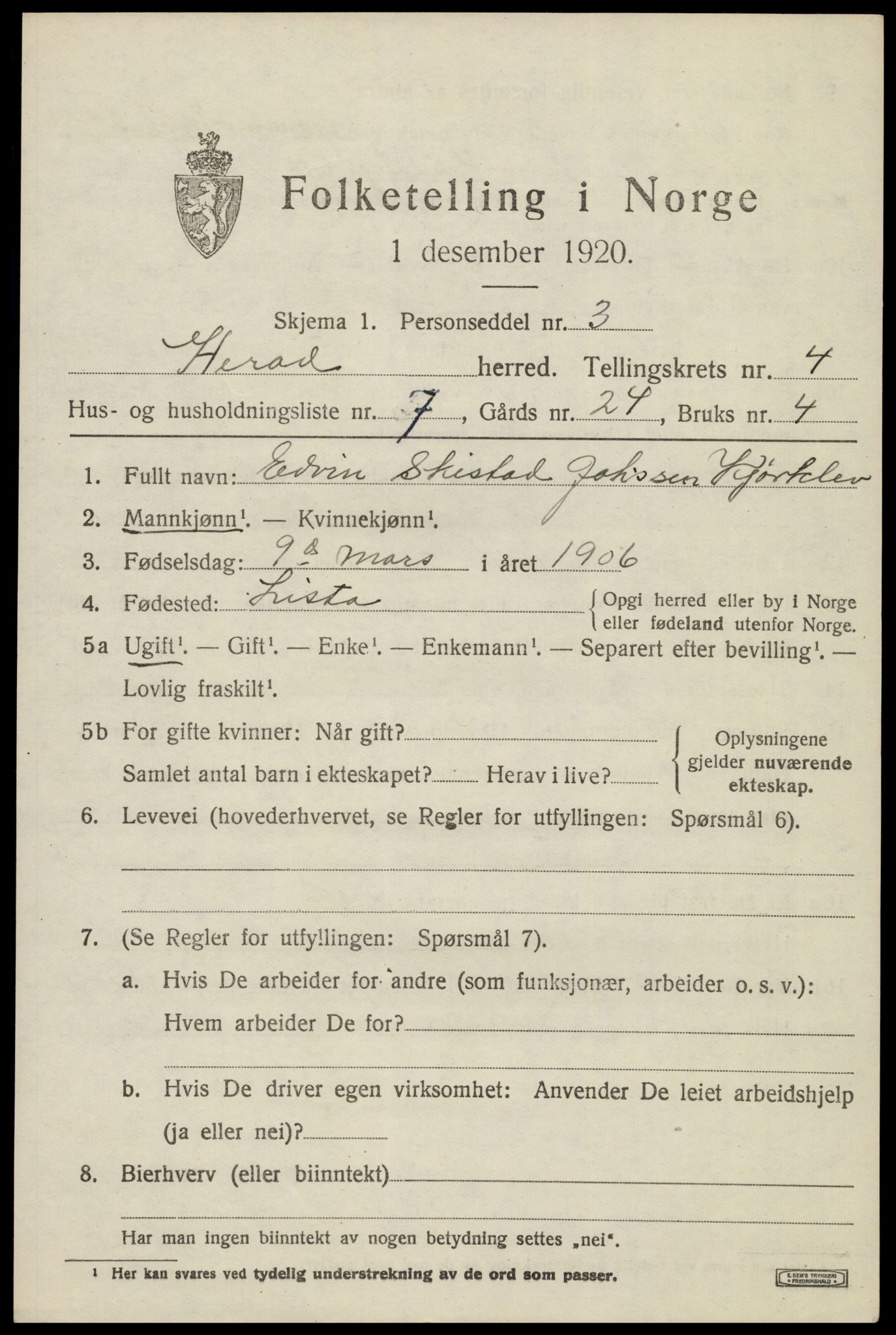 SAK, 1920 census for Herad, 1920, p. 1792